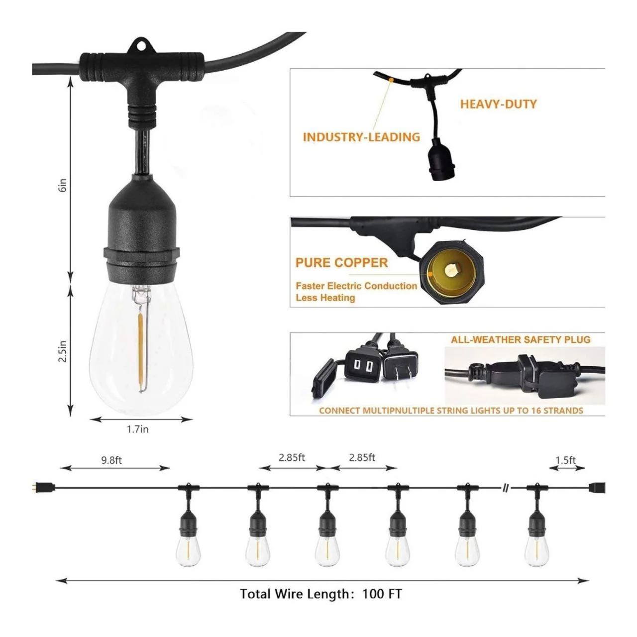 100ft Heavy-Duty S14 String Light - 30 E26 Sockets - 20AWG - 1W S14 Bulbs - LumeGen - Image 2