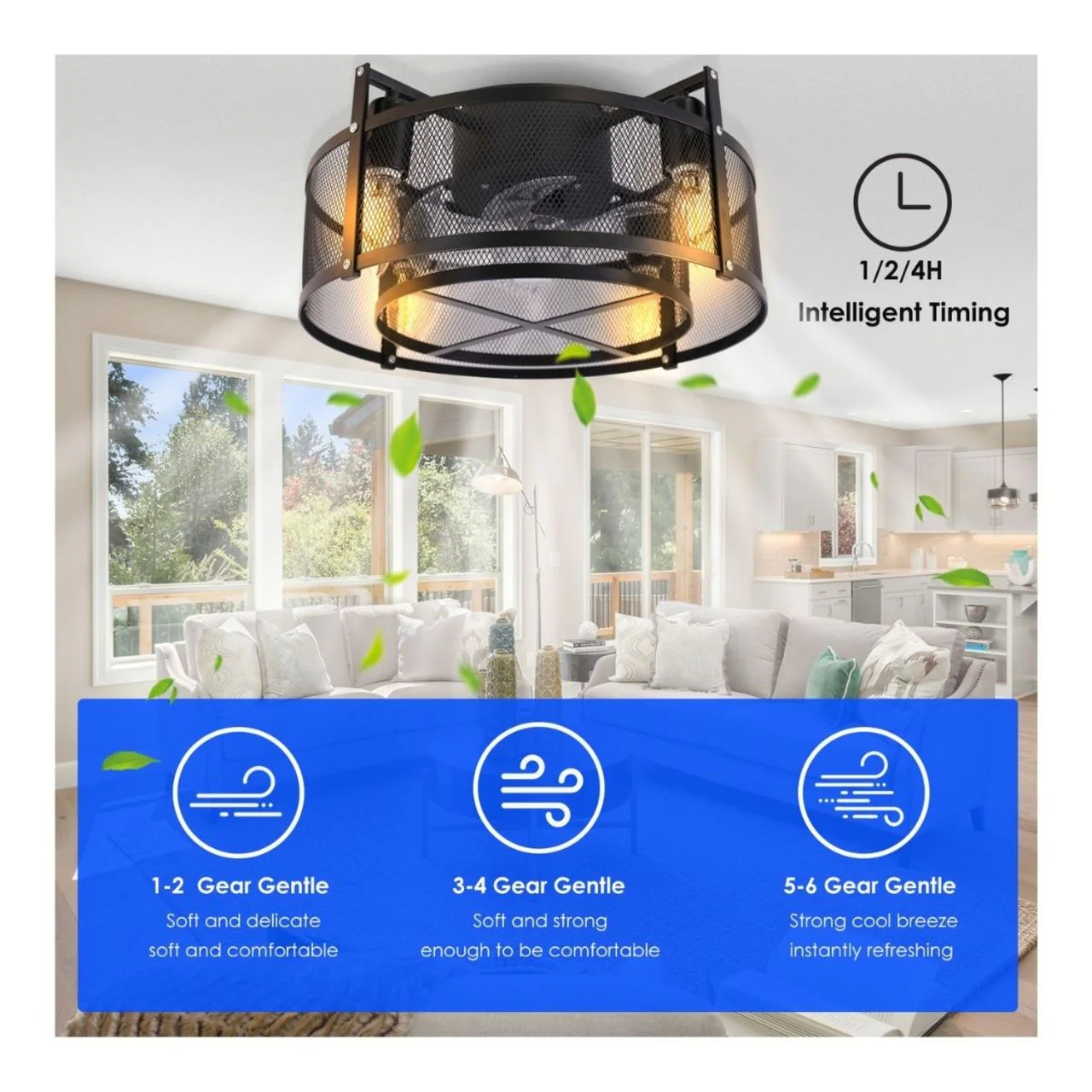 16in. Basket Ceiling Fan with LED Bulbs - 4 E12 Socket - Black Finish - Image 3