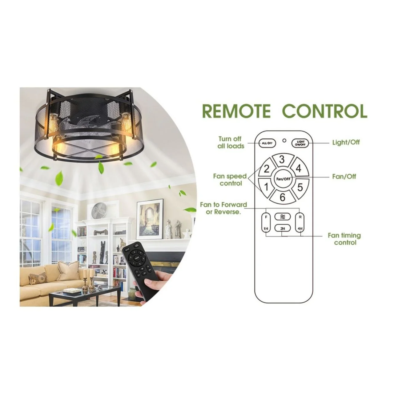16in. Basket Ceiling Fan with LED Bulbs - 4 E12 Socket - Black Finish - Image 5