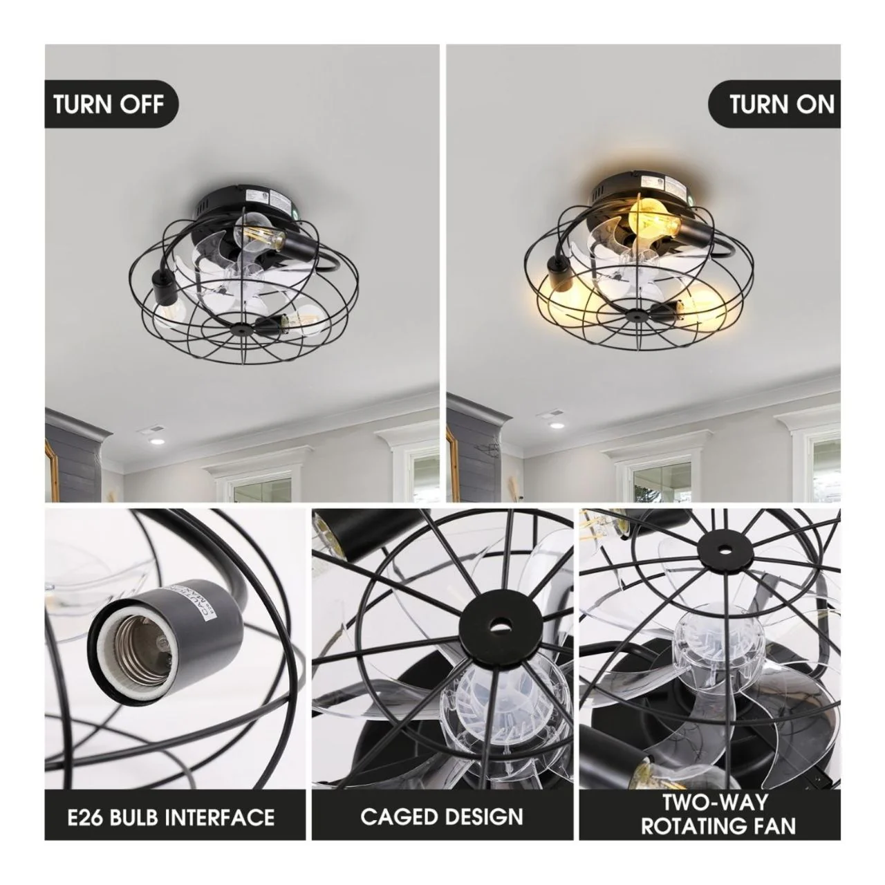 16in. Cage Ceiling Fan with LED Bulbs - 3 E26 Socket - Black Finish - Image 2