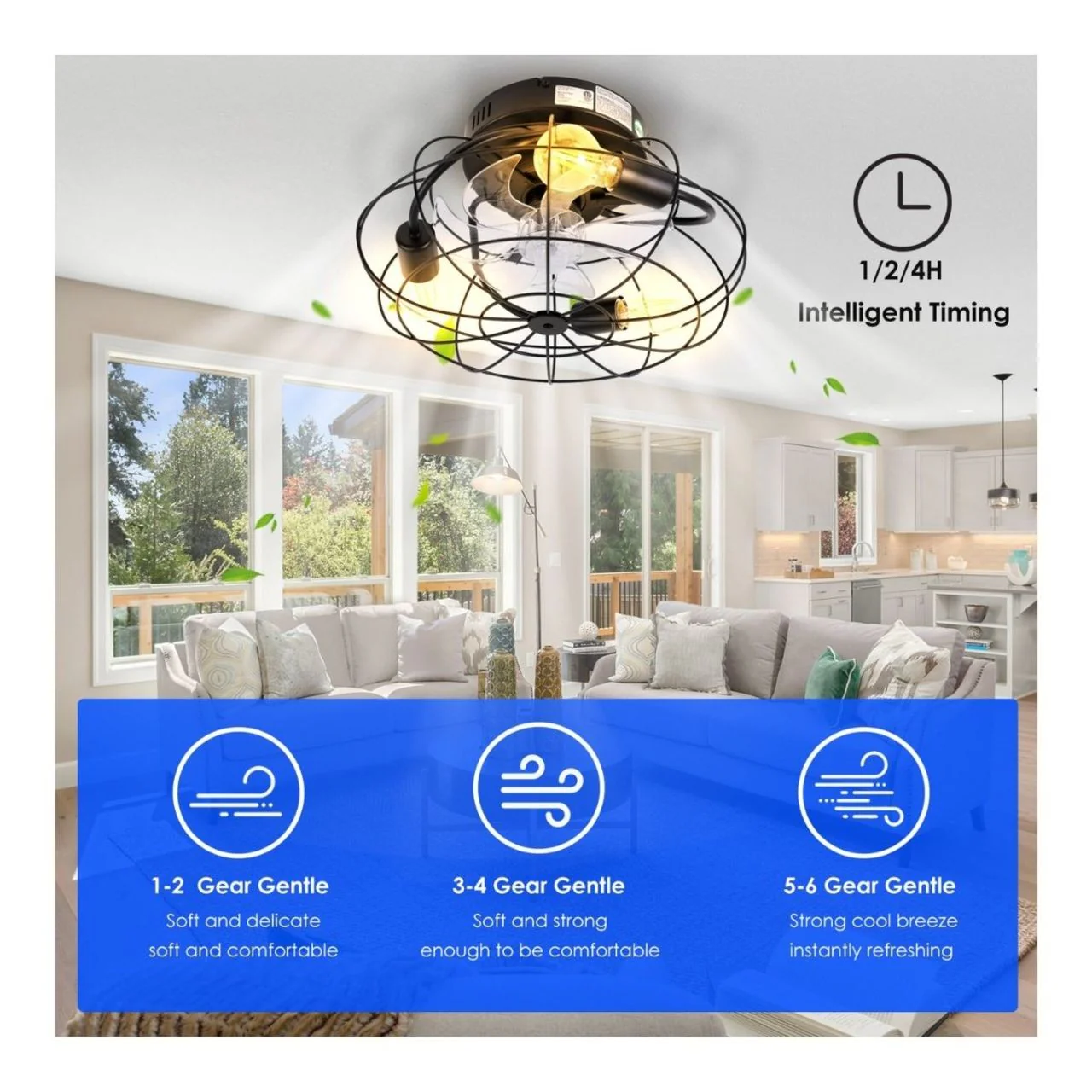 16in. Cage Ceiling Fan with LED Bulbs - 3 E26 Socket - Black Finish - Image 3