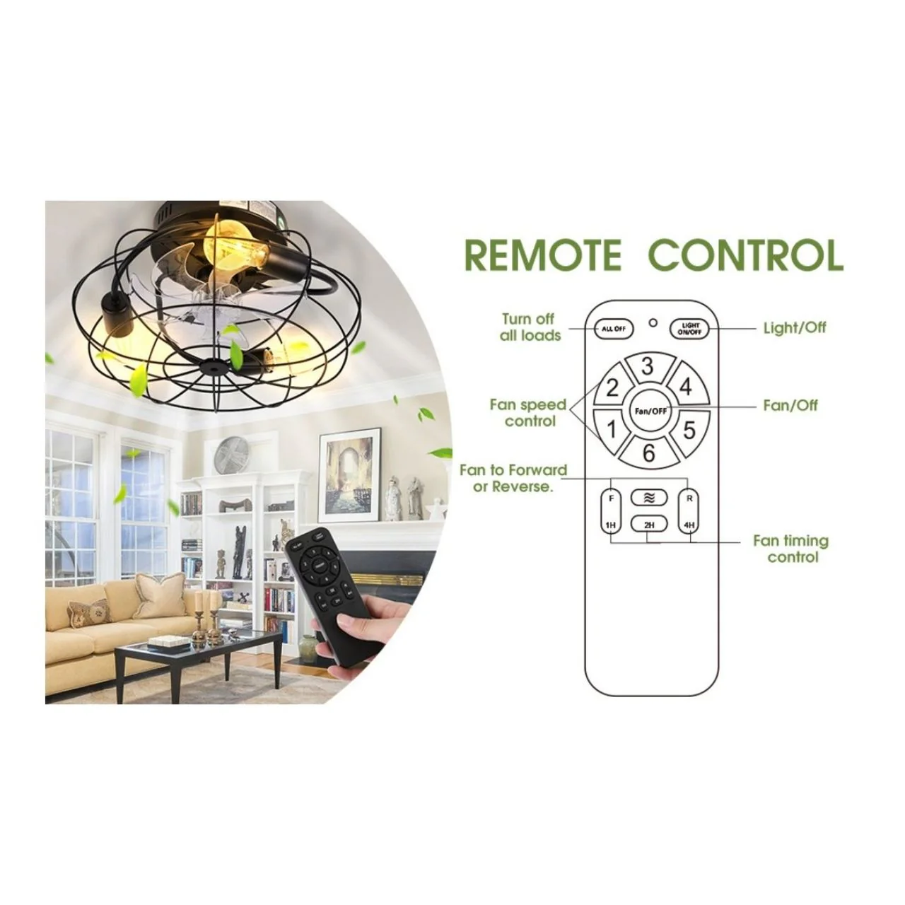 16in. Cage Ceiling Fan with LED Bulbs - 3 E26 Socket - Black Finish - Image 5