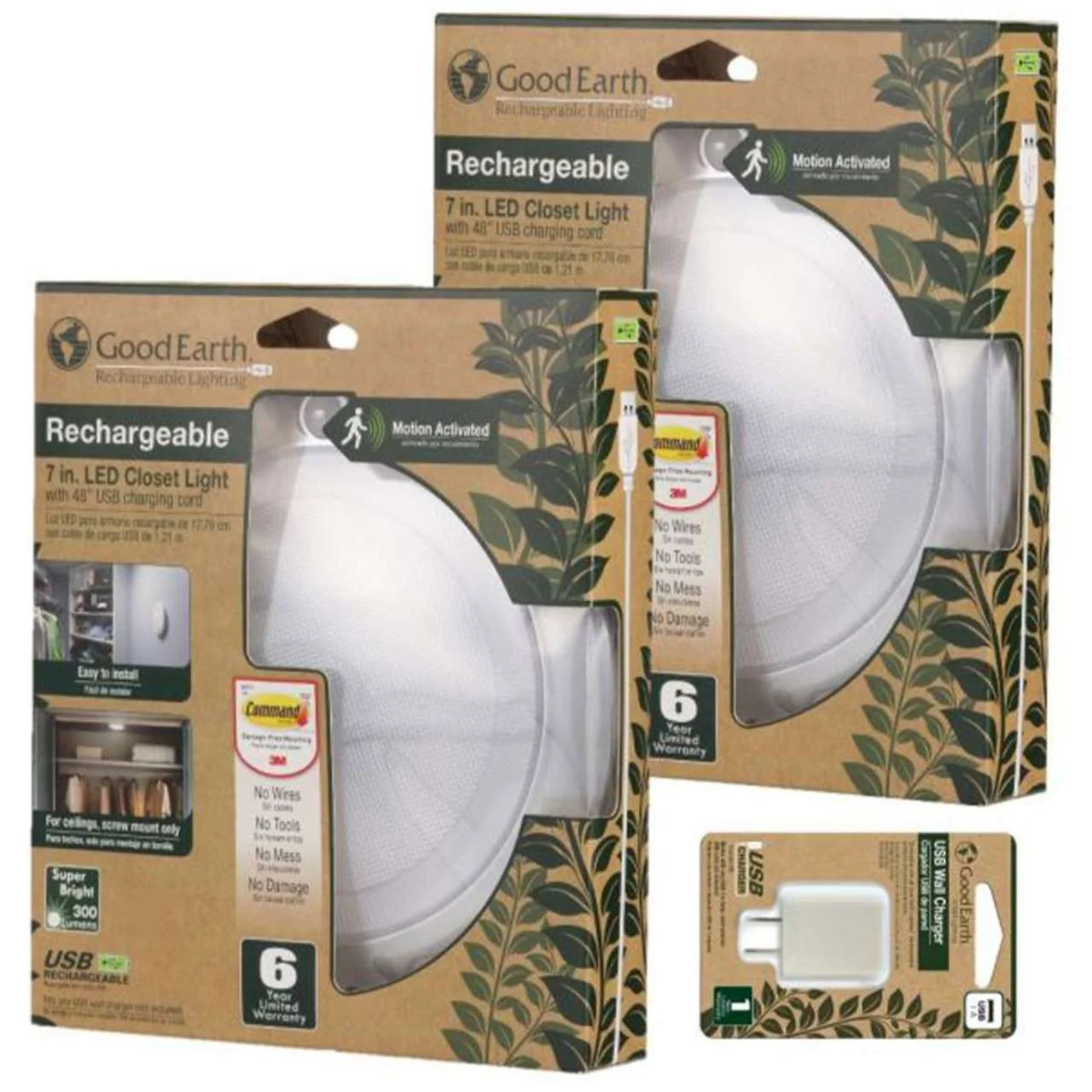 2-Pack - 7in. Rechargeable LED Motion-Activated Closet Light - Silver Finish - 300 Lumens - 4000K - Good Earth - Image 4