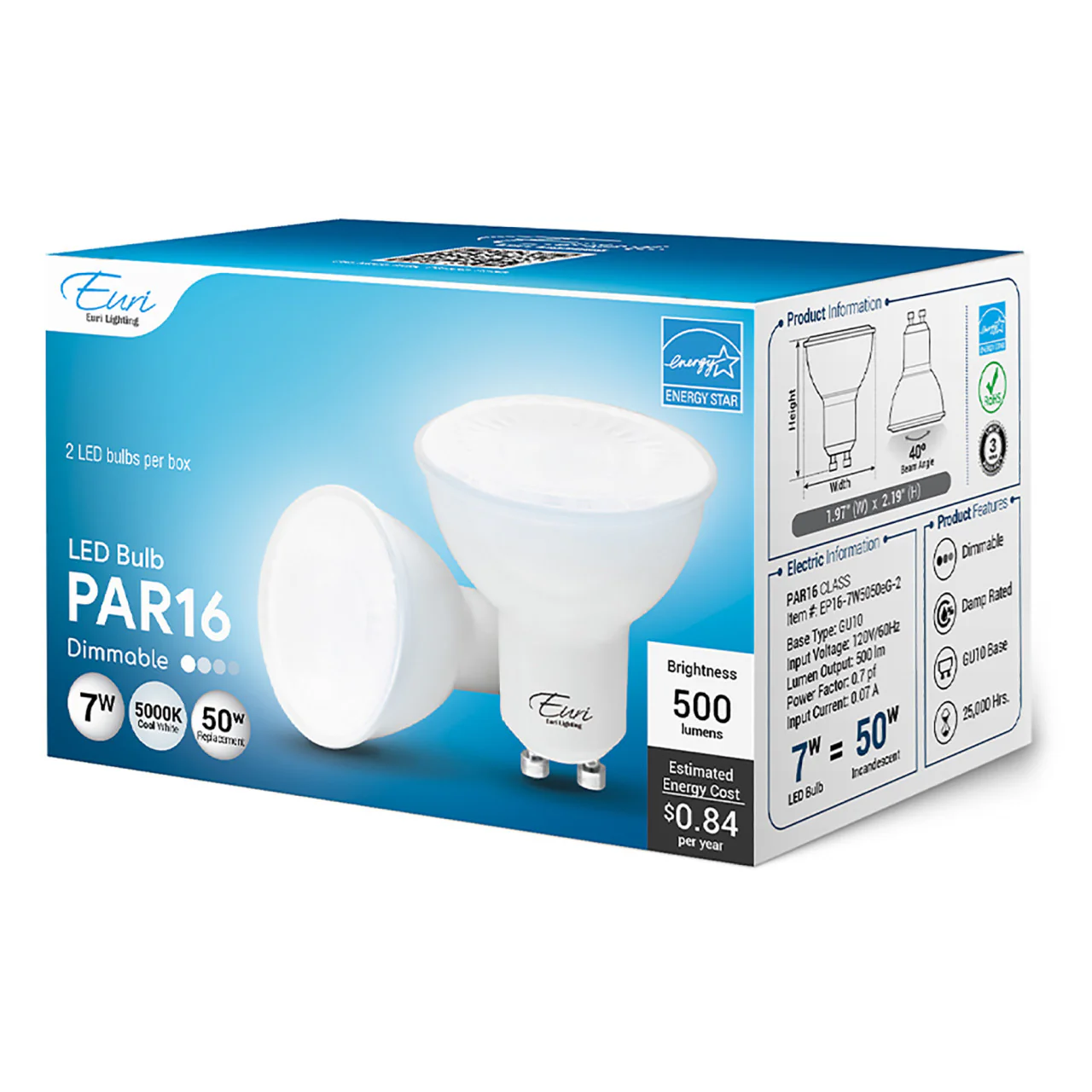 2-Pack LED PAR16 - 7 Watt - 50W Equiv. - Dimmable - 500 Lumens - Euri Lighting - Image 6