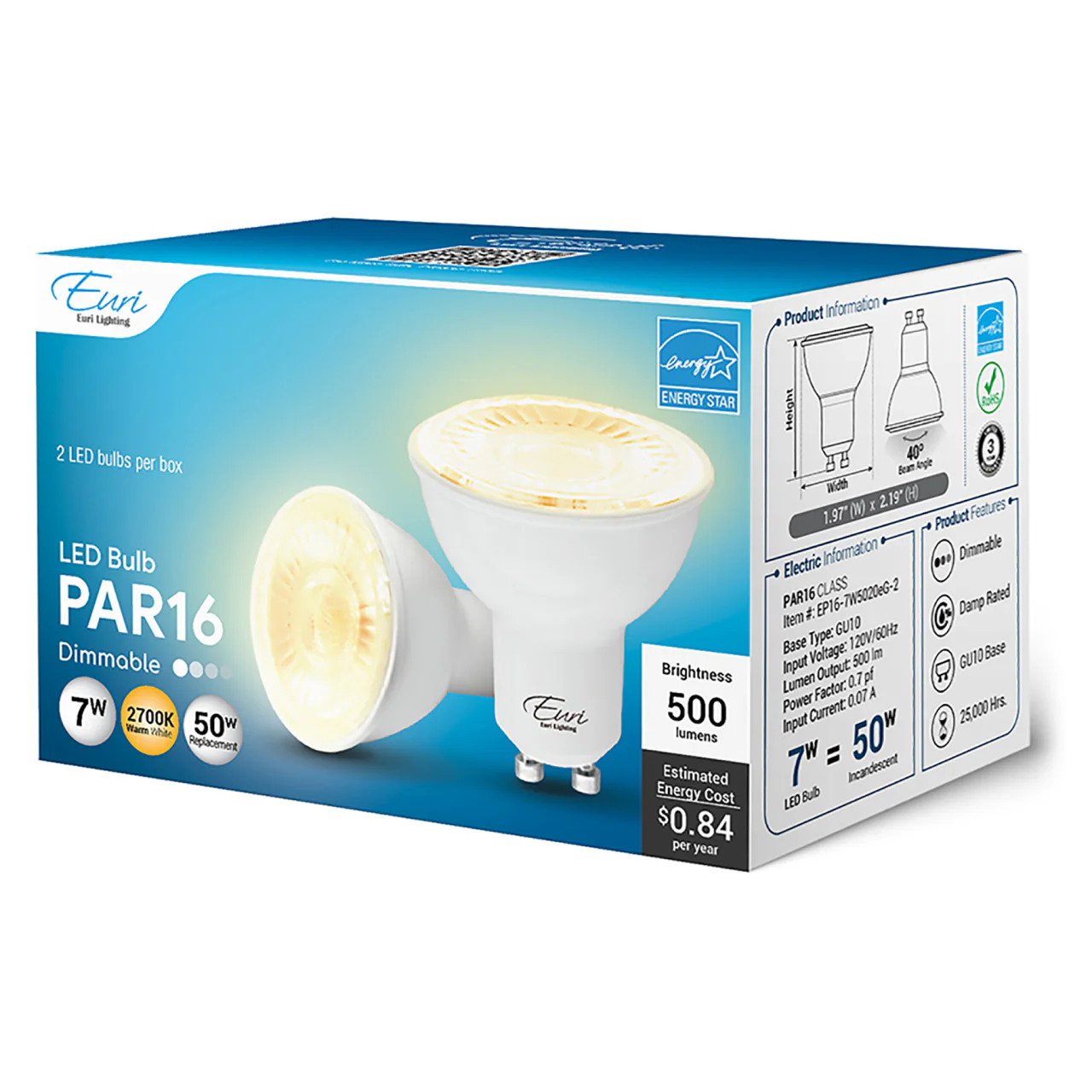 2-Pack LED PAR16 - 7 Watt - 50W Equiv. - Dimmable - 500 Lumens - Euri Lighting - Image 7