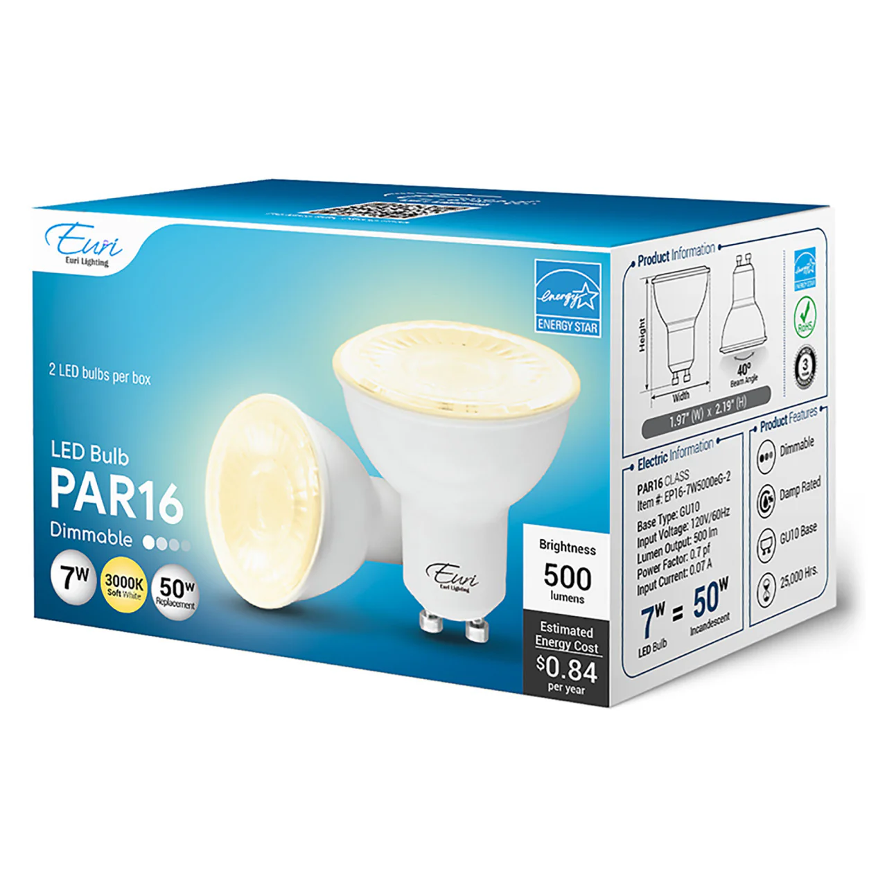 2-Pack LED PAR16 - 7 Watt - 50W Equiv. - Dimmable - 500 Lumens - Euri Lighting - Image 8