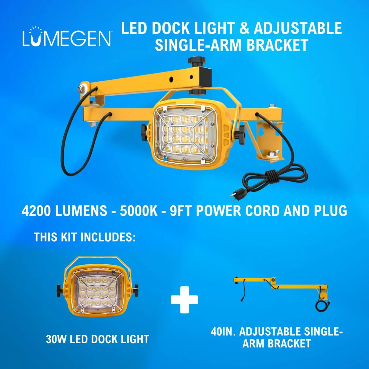 30W LED Dock Light - 40in. Adjustable Single-Arm Bracket - 4200 Lumens - 5000K - 9ft Power Cord and Plug - Image 2
