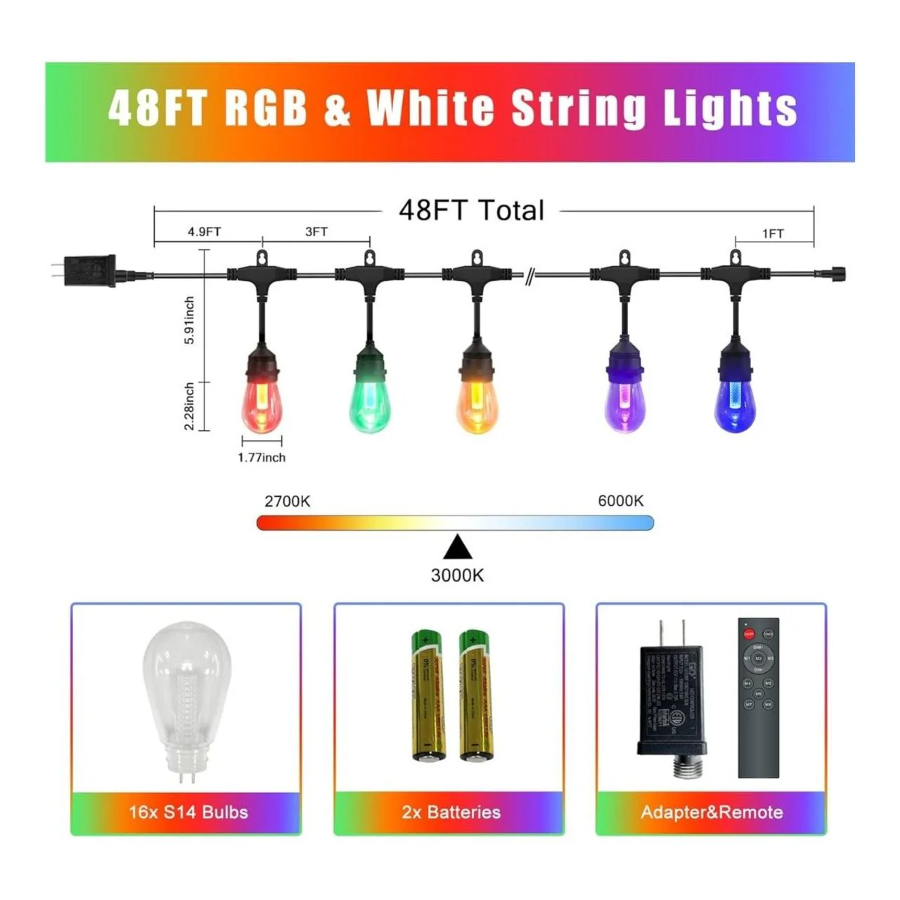 48ft Color Changing S14 String Light - 15 E26 Sockets - 20AWG - Remote Control - RGBW S14 Bulbs - LumeGen - Image 4
