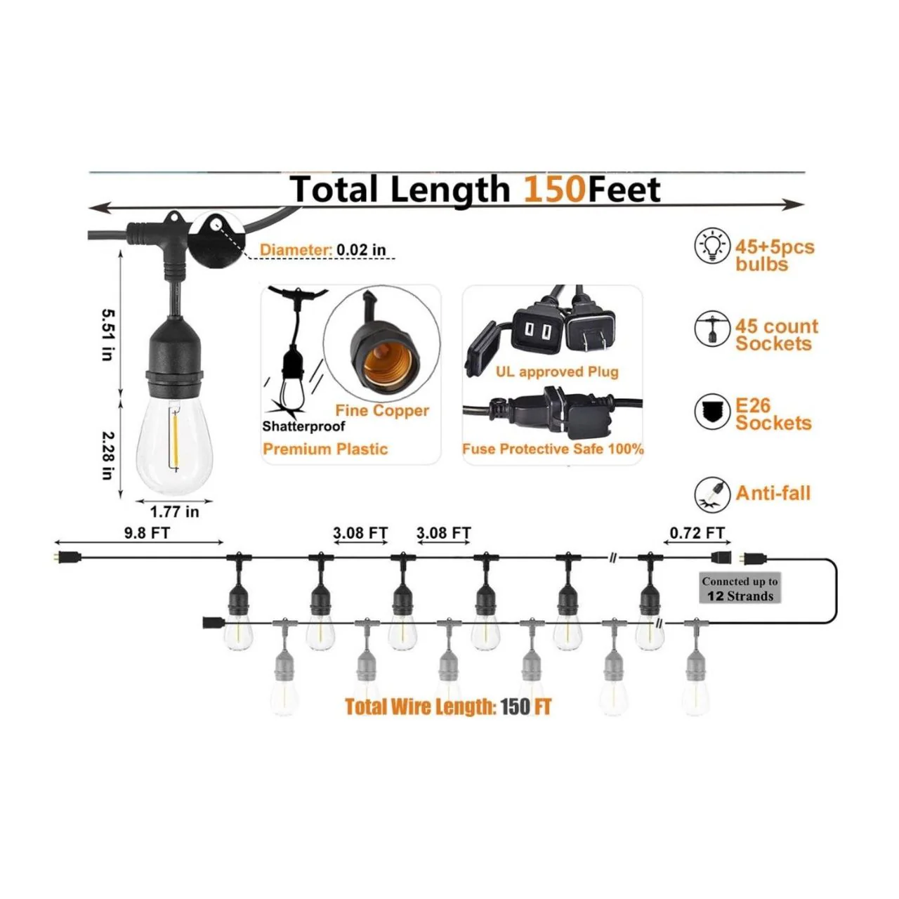 48ft Heavy-Duty S14 String Light - 24 E26 Sockets - 18AWG - Double Filament 1.5W S14 Bulbs - LumeGen - Image 3