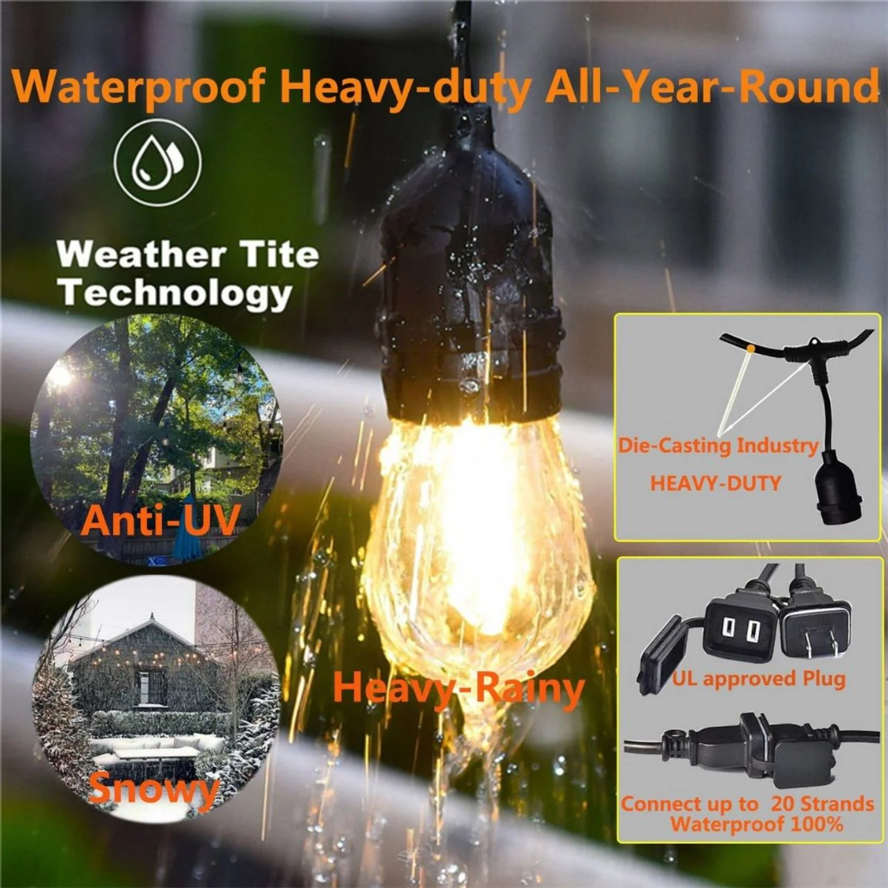 48ft Heavy-Duty S14 String Light - 24 E26 Sockets - 20AWG - 1W S14 Bulbs - LumeGen - Image 3