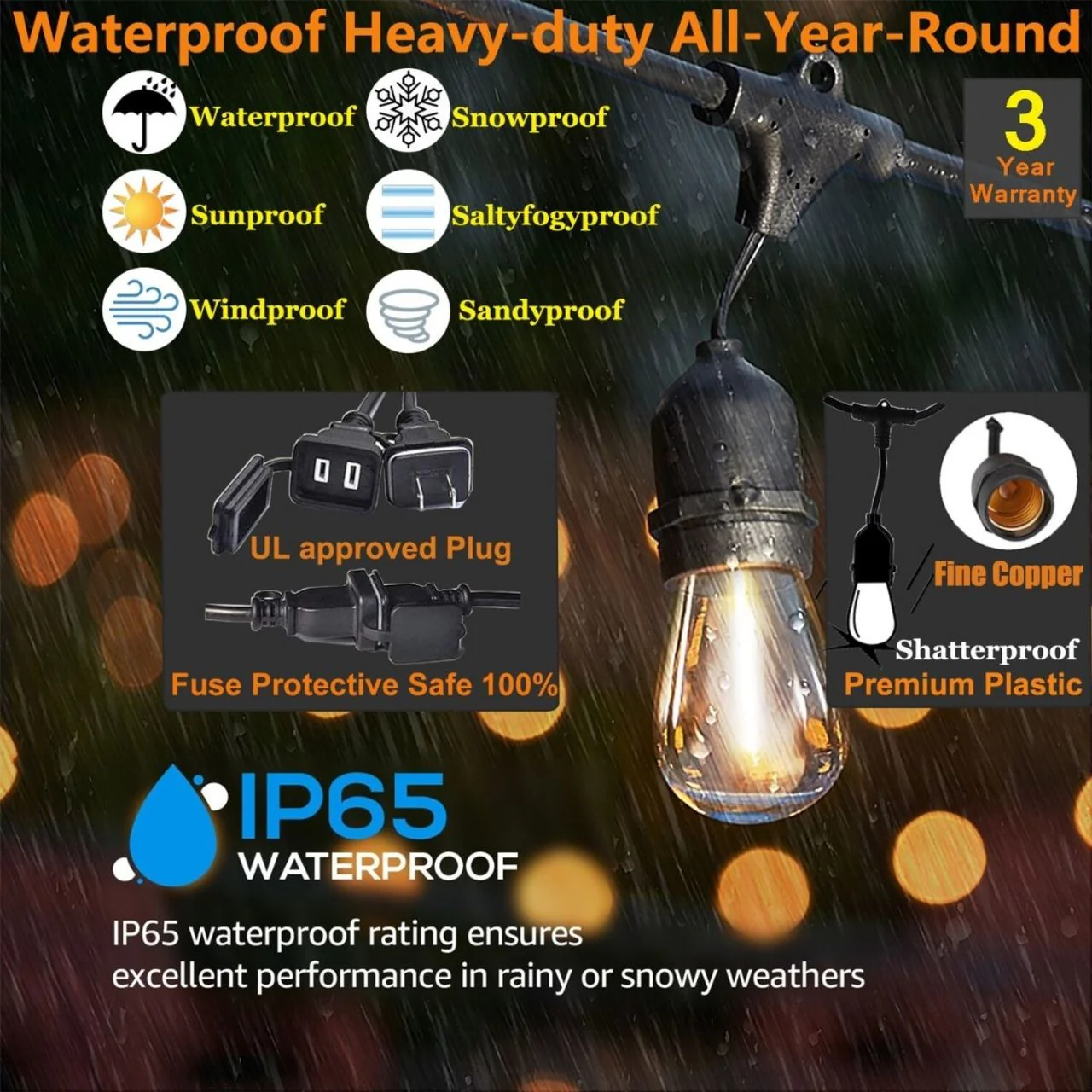 48ft Heavy-Duty S14 String Light - 24 E26 Sockets - 20AWG - 1W S14 Bulbs - LumeGen - Image 4