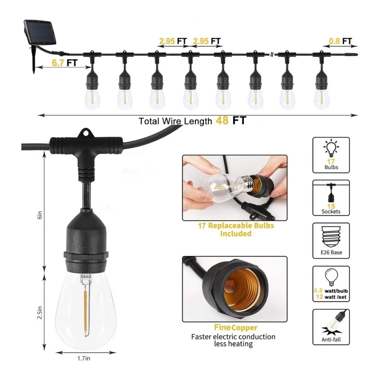 48ft Solar S14 String Light - 15 E26 Sockets - 20AWG - 1W S14 Bulbs - LumeGen - Image 5