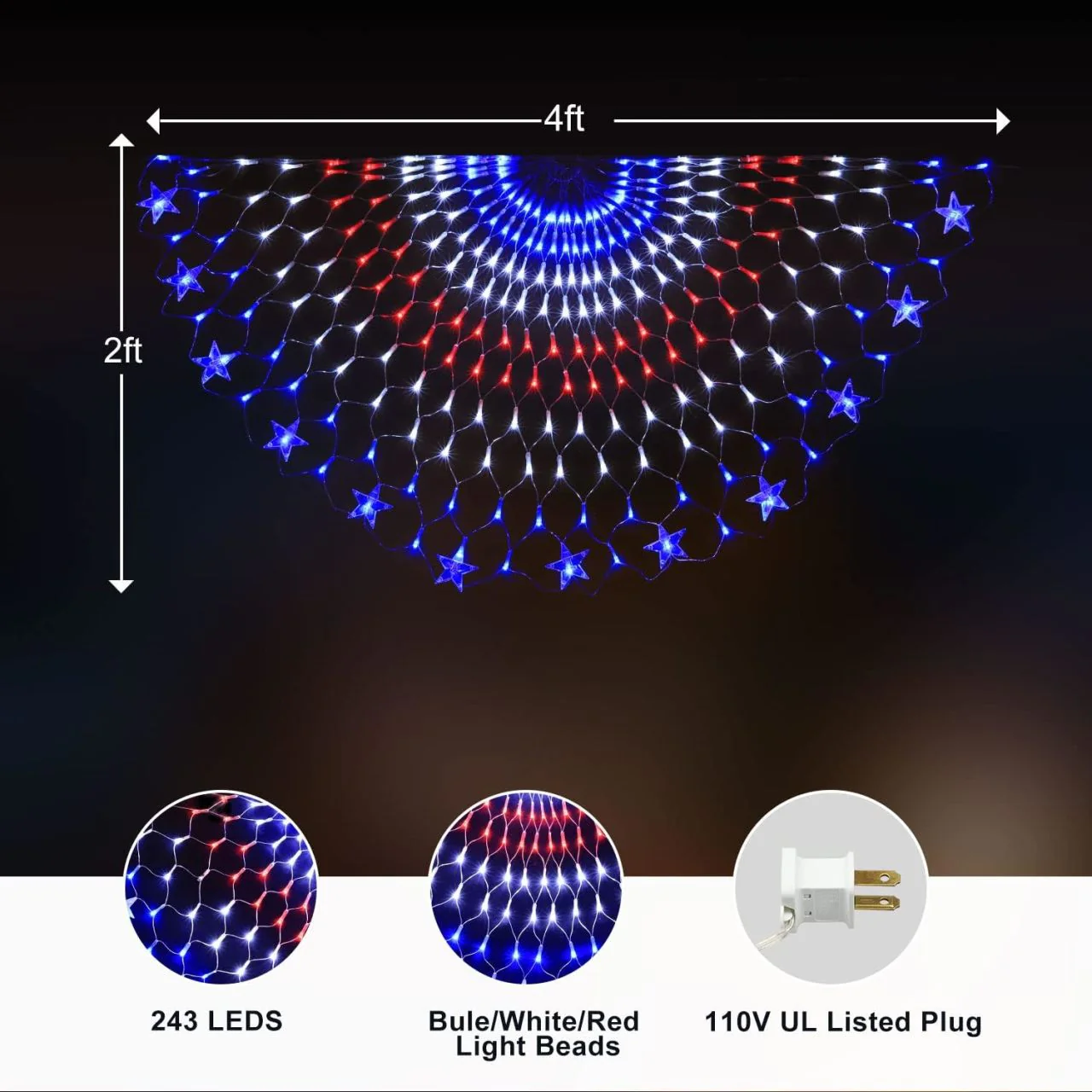 4ft Patriotic Banner Light - 243 Red, White, & Blue LEDs - Waterproof - Image 3