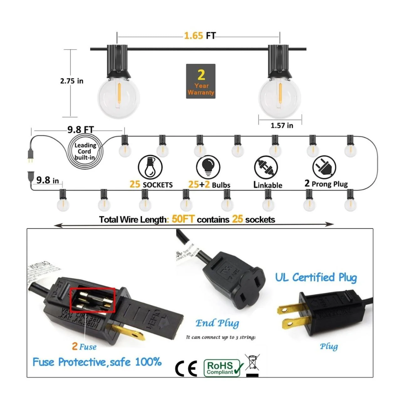 50ft G40 String Light - 25 E12 Sockets - 20AWG - 0.5W G40 Bulbs - LumeGen - Image 6