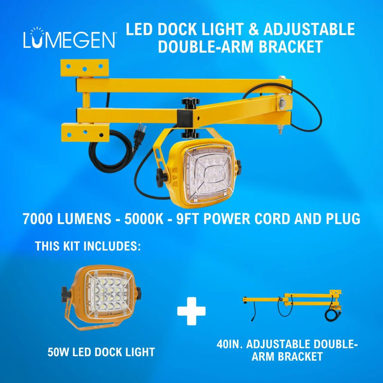 50W LED Dock Light - 40in. Adjustable Double-Arm Bracket - 7000 Lumens - 5000K - 9ft Power Cord and Plug - Image 2