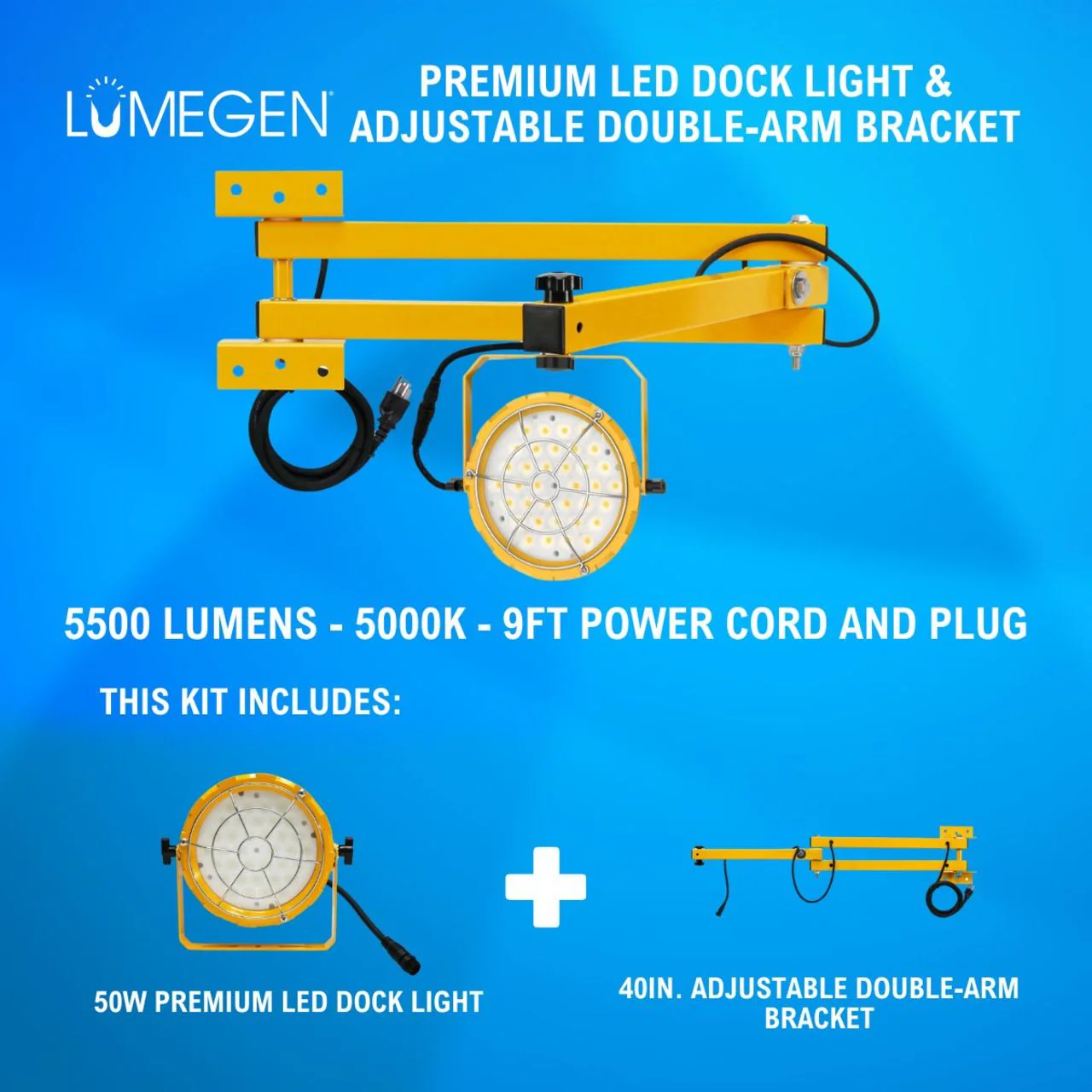 50W Premium LED Dock Light - 40in. Adjustable Double-Arm Bracket - 5500 Lumens - 5000K - 9ft Power Cord and Plug - Image 2