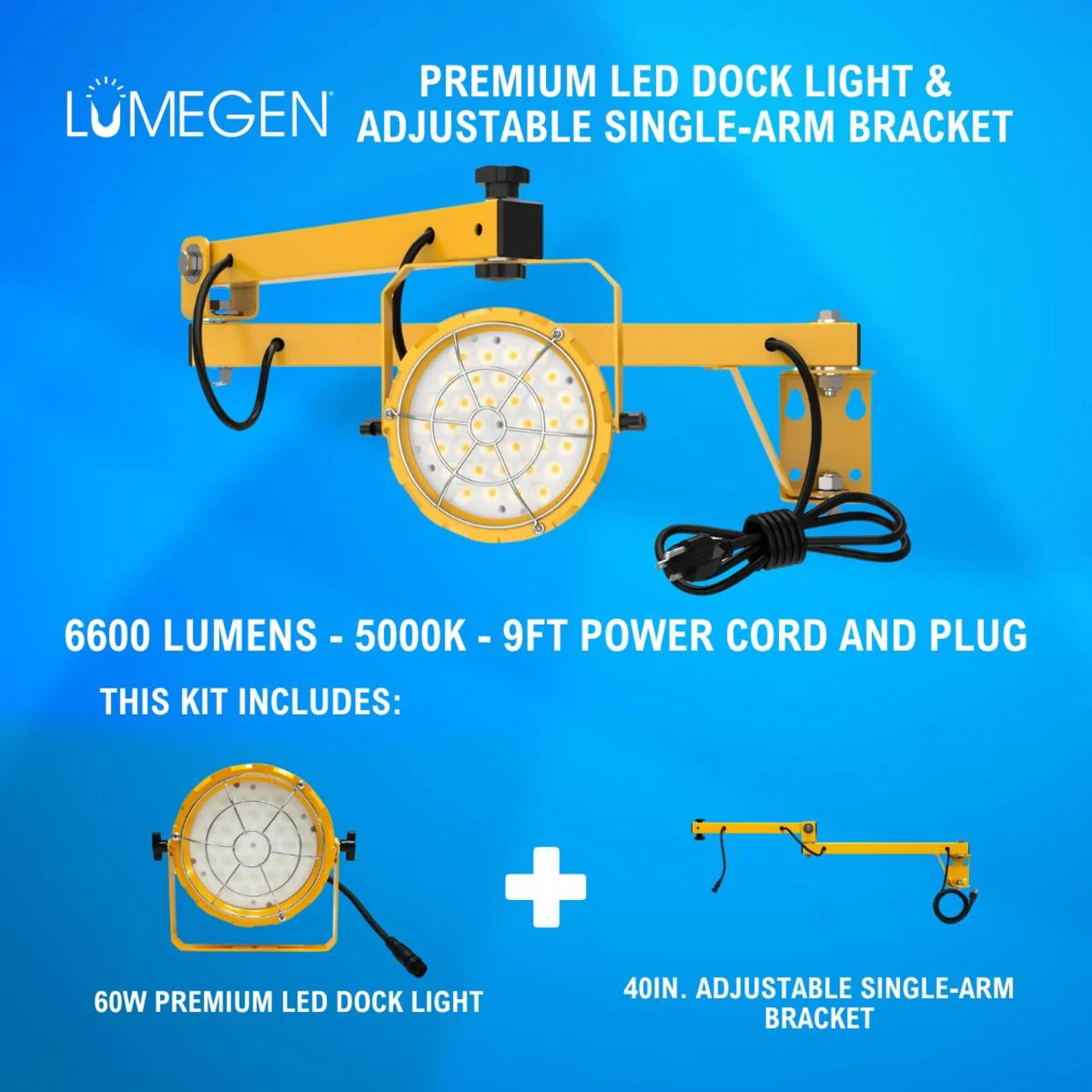60W Premium LED Dock Light - 40in. Adjustable Single-Arm Bracket - 6600 Lumens - 5000K - 9ft Power Cord and Plug - Image 2