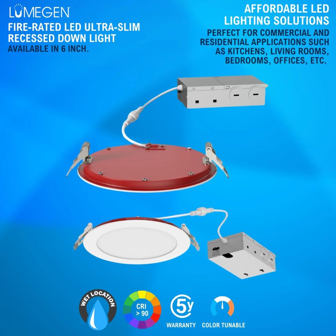 6in. LED Fire Rated Ultra-Slim Recessed Down Light - 12W - Color Tunable 27K/30K/35K/40K/50K - LumeGen - Image 9