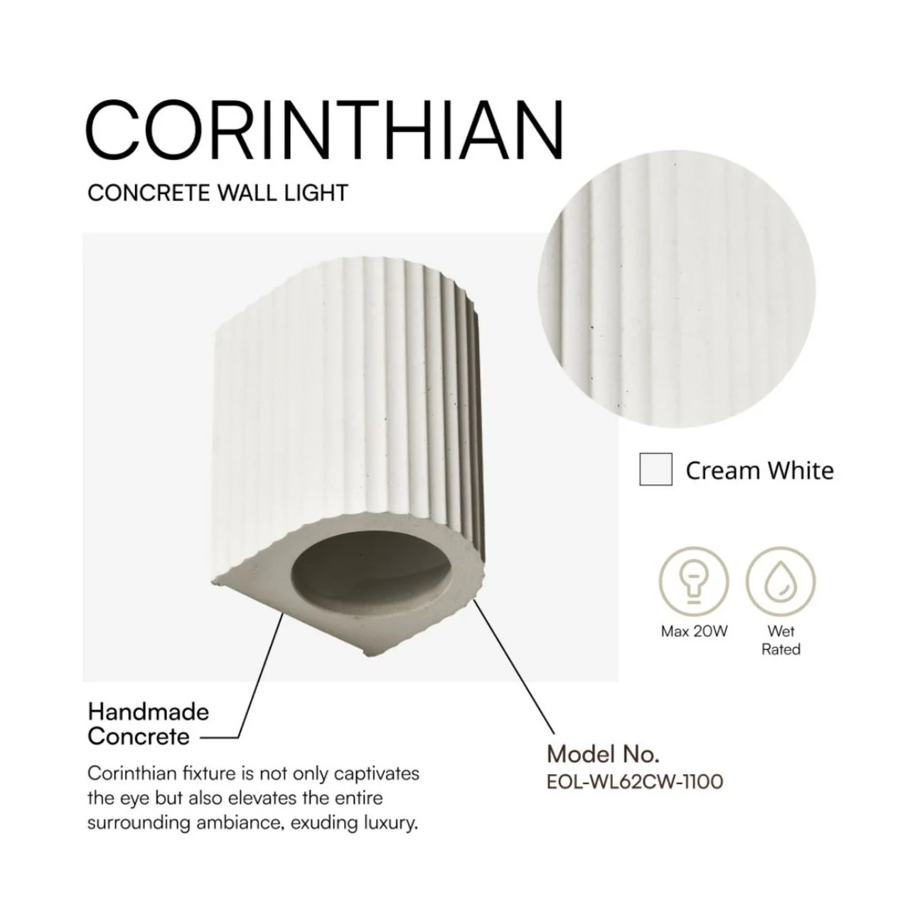 Artisan Concrete Collection Corinthian Wall Sconce Fixture - E26 Socket - Euri Lighting - Image 6
