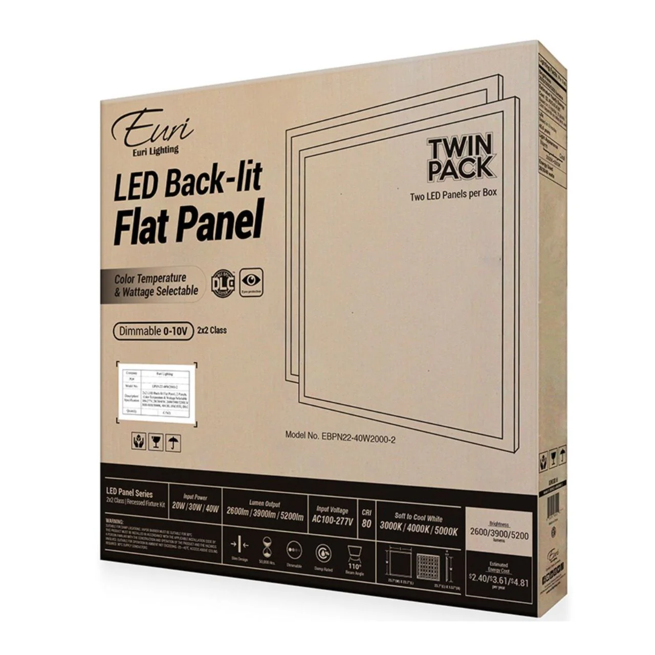 Case of 2 - 2x2 LED Flat Panel Light - 3 Wattage Adjustable - 3 CCT Selectable - Euri Lighting - Image 4