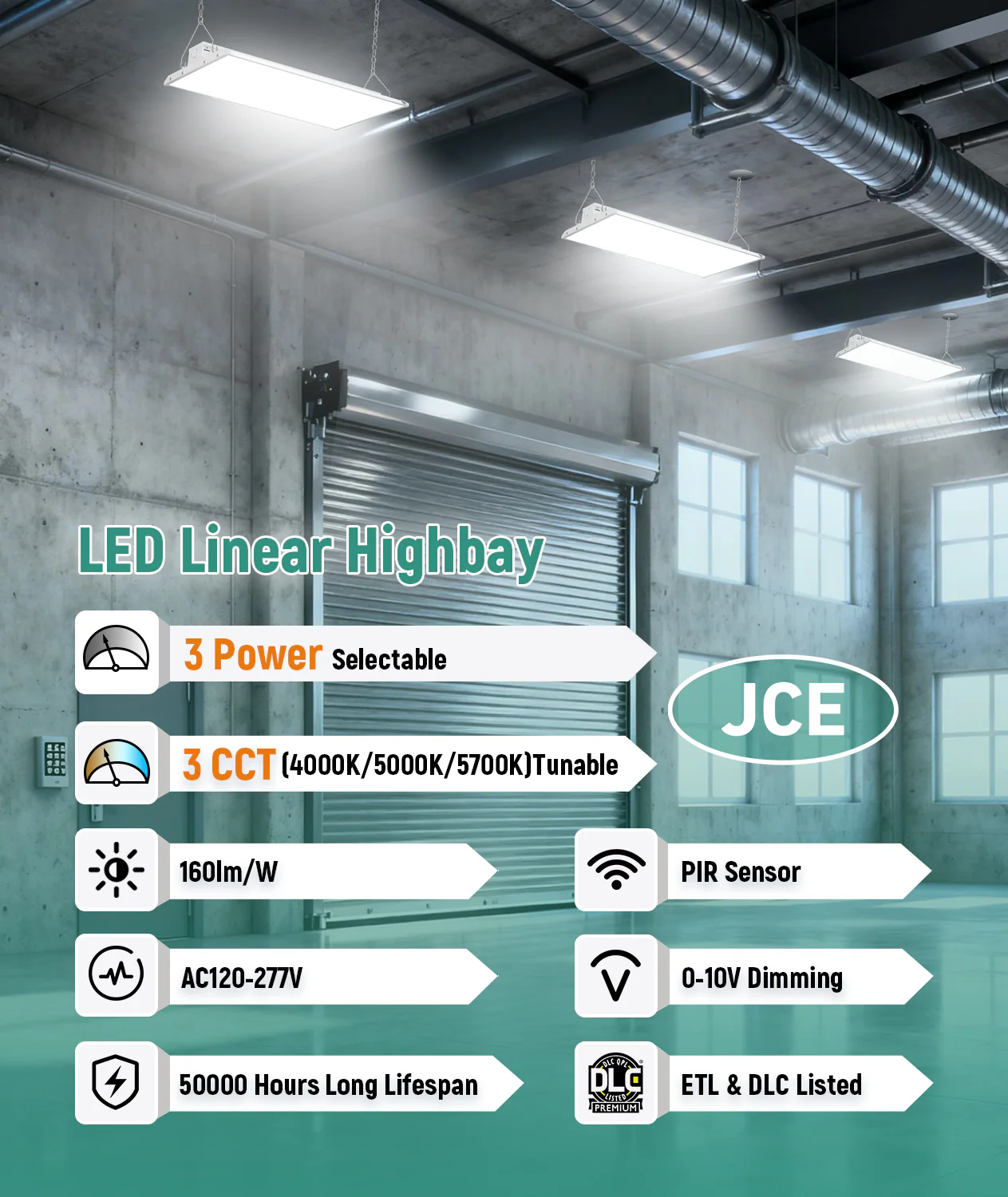 Case of 2 - LED Linear High Bay - 4ft - 48,000 Lumen Max - Full Lens - Wattage Adjustable 250W/275W/300W - Color Tunable 40K/50K/57K - Sensor Base - Image 5