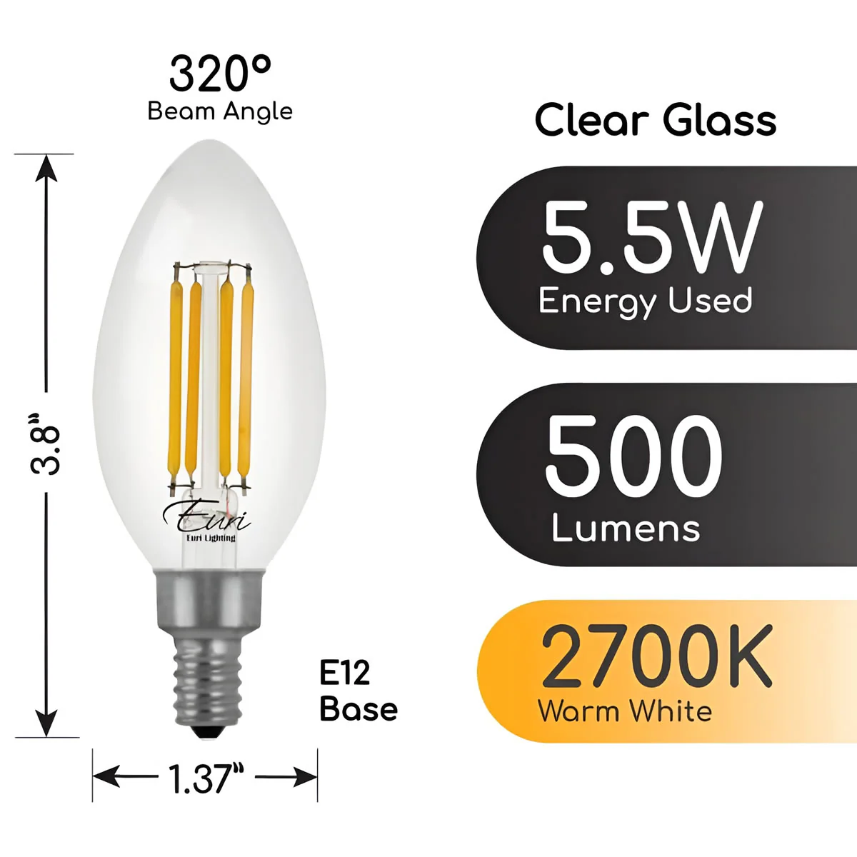 CASE OF 24 - LED B10 Clear Glass Filament Bulb - 5.5 Watt -60 Watt Equiv. - Euri Lighthing (6 Packs of 4 Bulbs) - Image 3