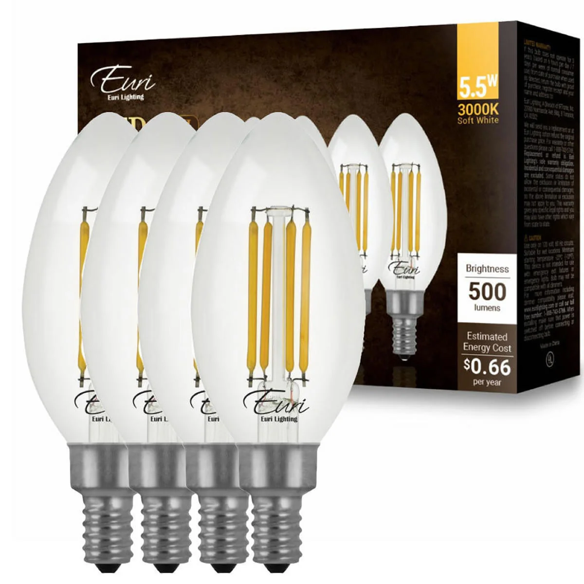 CASE OF 24 - LED B10 Clear Glass Filament Bulb - 5.5 Watt -60 Watt Equiv. - Euri Lighthing (6 Packs of 4 Bulbs) - Image 4