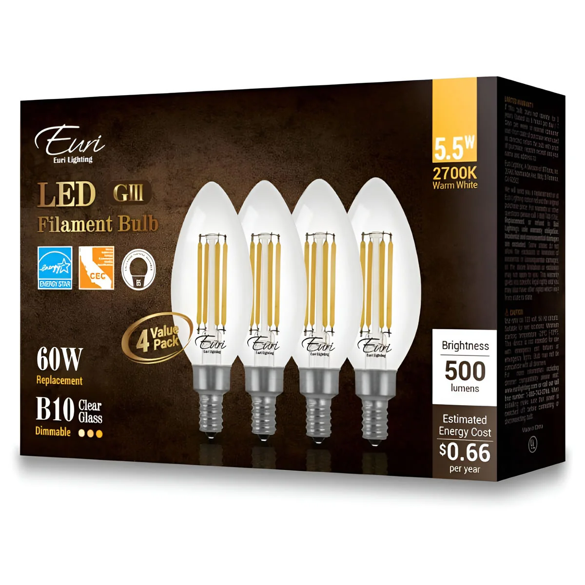 CASE OF 24 - LED B10 Clear Glass Filament Bulb - 5.5 Watt -60 Watt Equiv. - Euri Lighthing (6 Packs of 4 Bulbs) - Image 5
