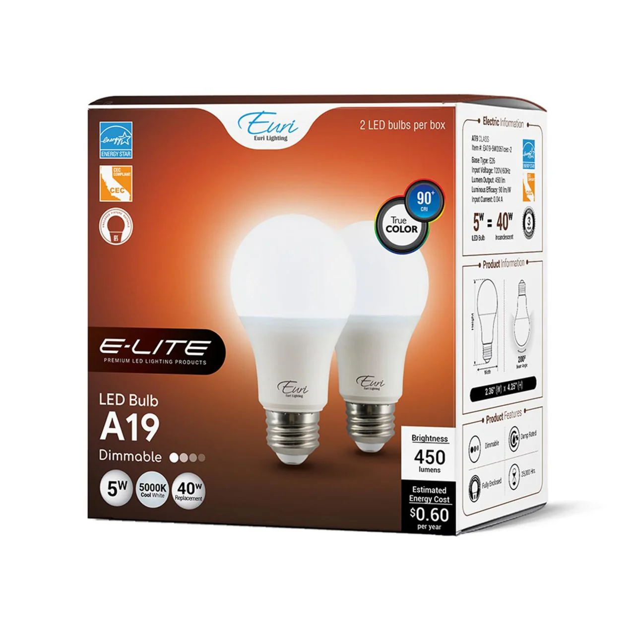 2-Pack E-Lite LED A19 Bulbs - 5W - 450 Lumens - Euri Lighting - Image 10