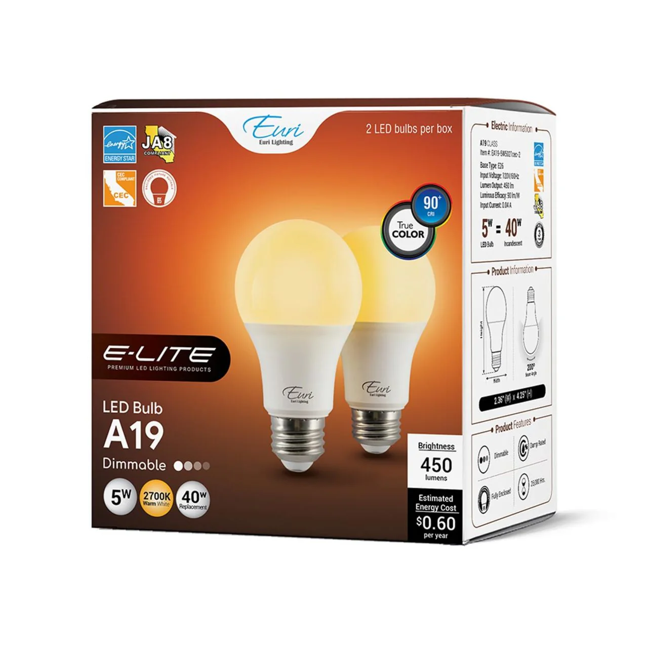 2-Pack E-Lite LED A19 Bulbs - 5W - 450 Lumens - Euri Lighting - Image 6