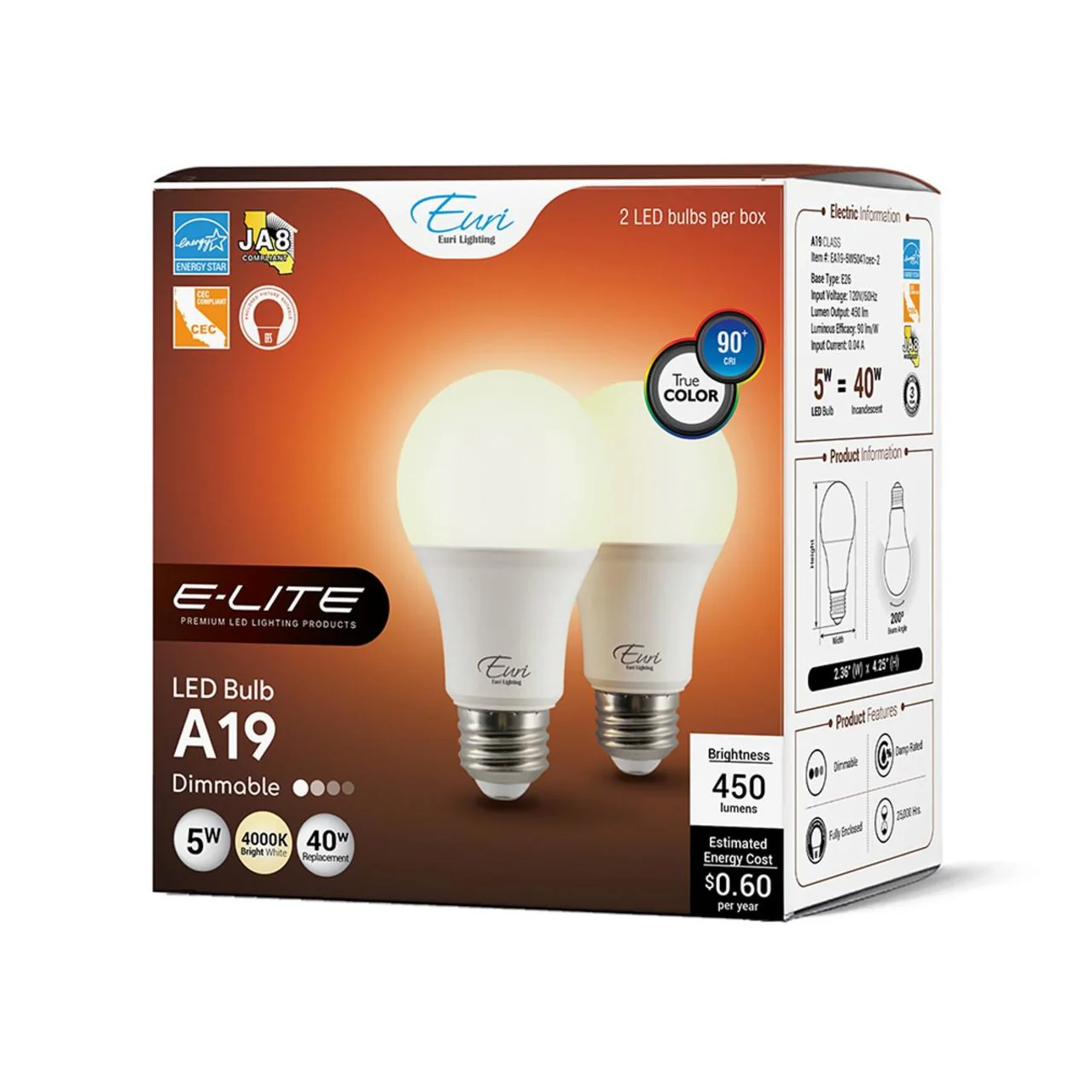 2-Pack E-Lite LED A19 Bulbs - 5W - 450 Lumens - Euri Lighting - Image 8
