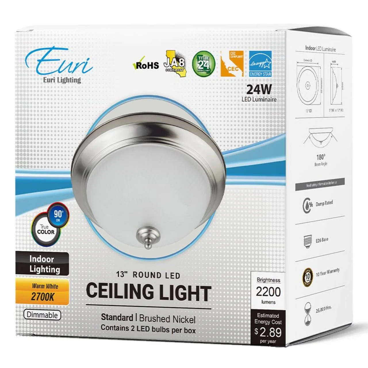 13in. LED Ceiling Light - 24W - 2200 Lumens - 2700K - Brushed Nickel Finish - Euri Lighting - Image 2