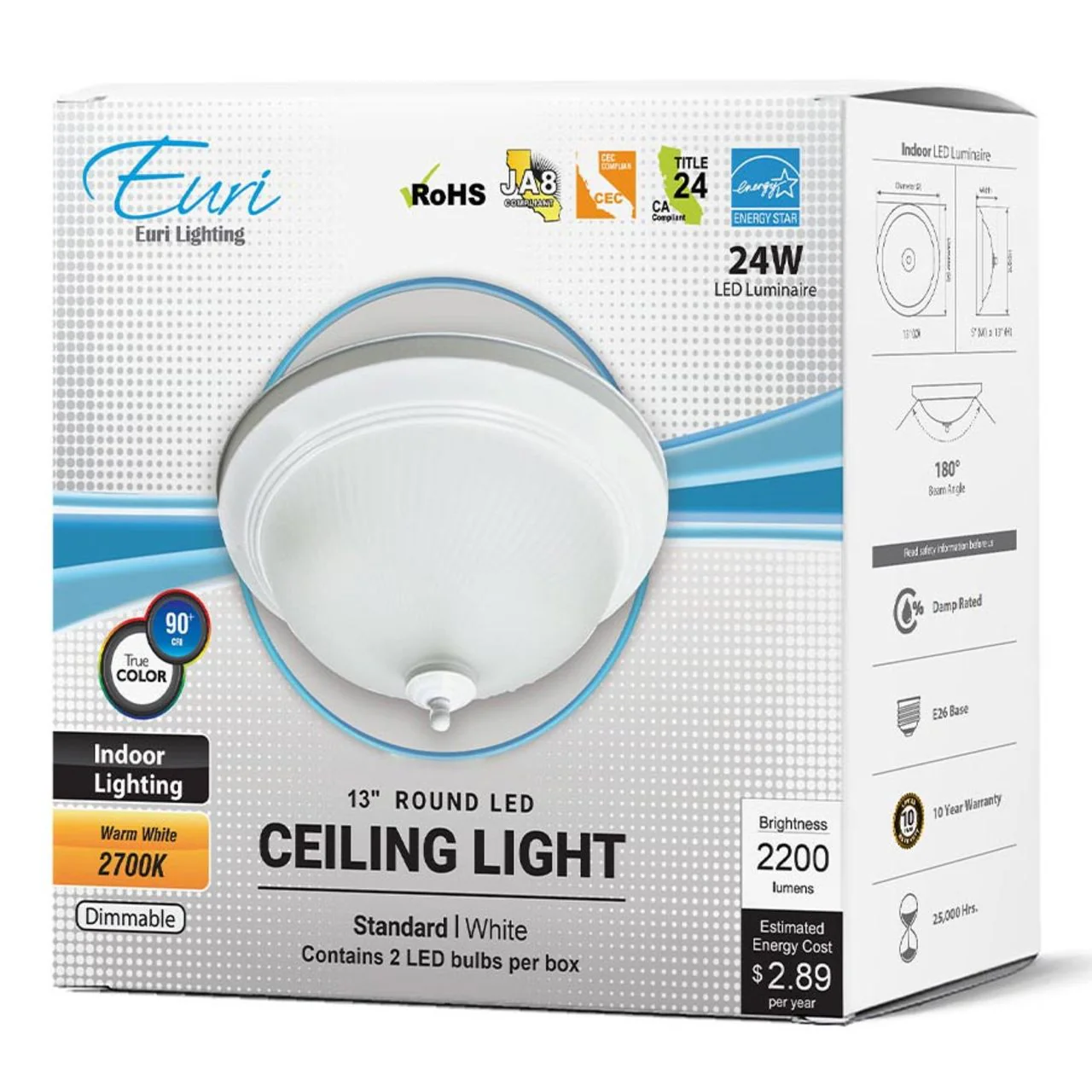 13in. LED Ceiling Light - 24W - 2200 Lumens - 2700K - White Finish - Euri Lighting - Image 2