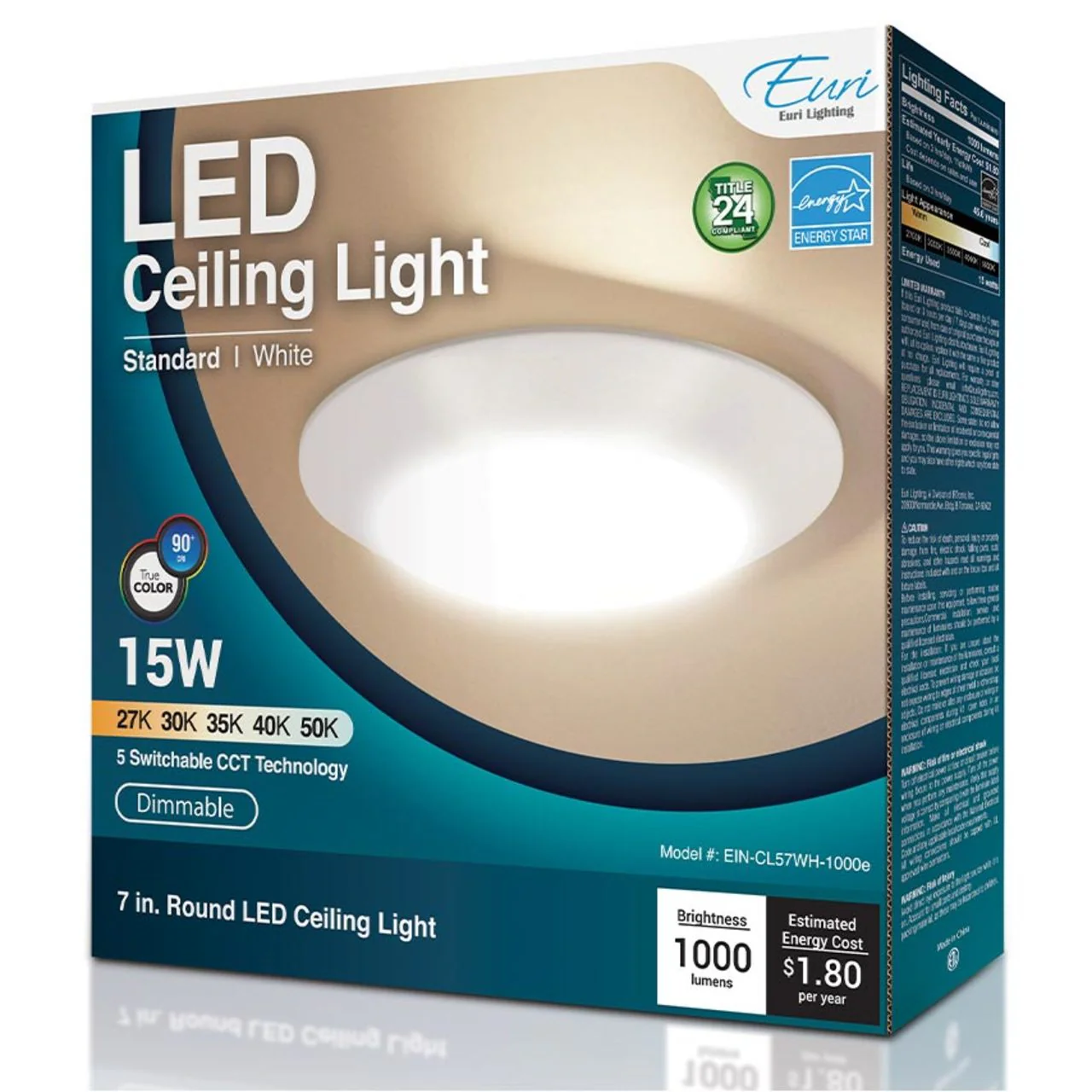 7in. LED Color Tunable Disk Light - 15W - 1000 Lumens - 2700K/3000K/3500K/4000K/5000K - White Finish - Euri Lighting - Image 4