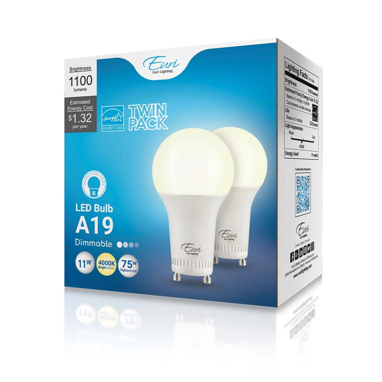 2-Pack LED A19 Bulb - 11W - 1100 Lumens - GU24 Base - Euri Lighting - Image 10