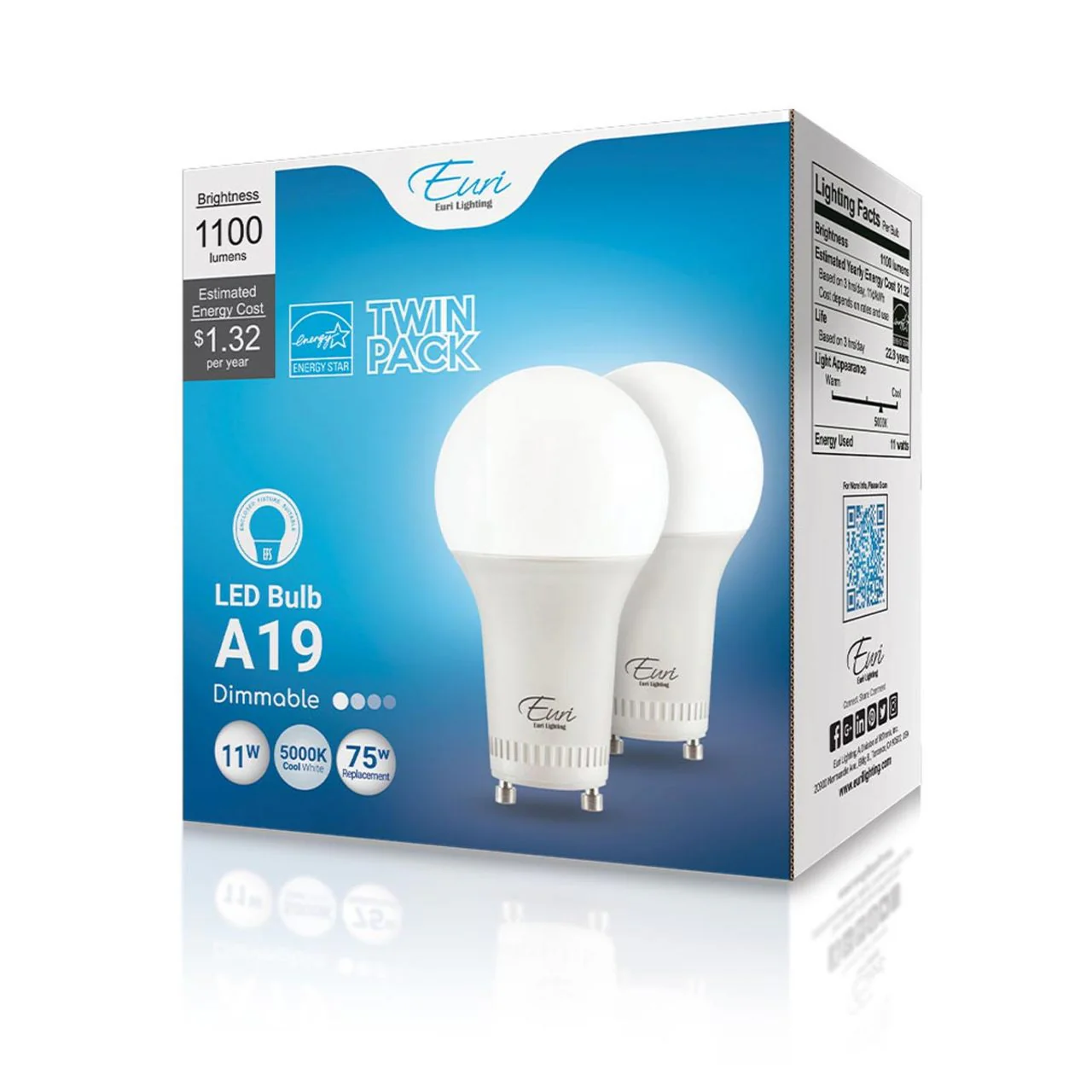 2-Pack LED A19 Bulb - 11W - 1100 Lumens - GU24 Base - Euri Lighting - Image 12