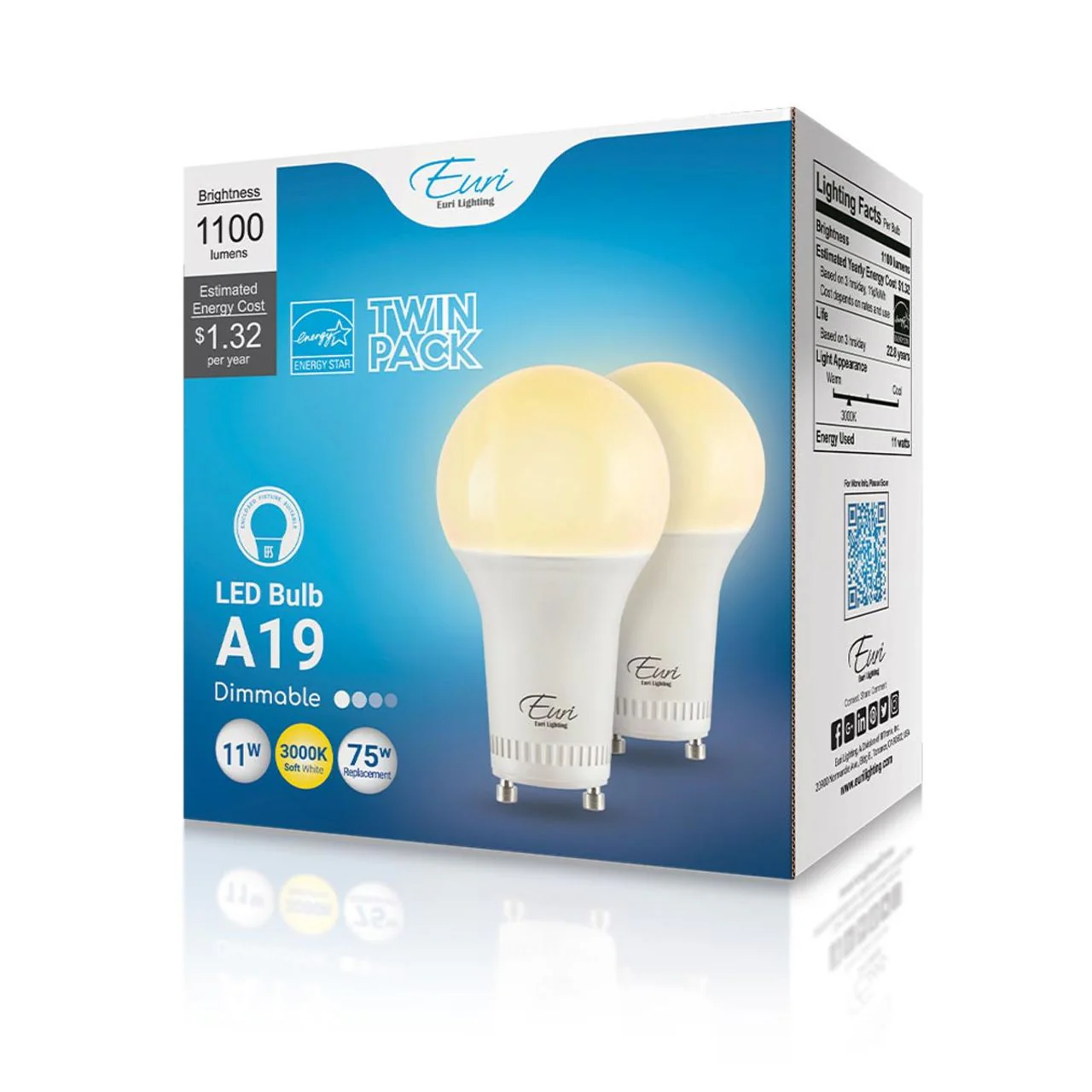 2-Pack LED A19 Bulb - 11W - 1100 Lumens - GU24 Base - Euri Lighting - Image 8