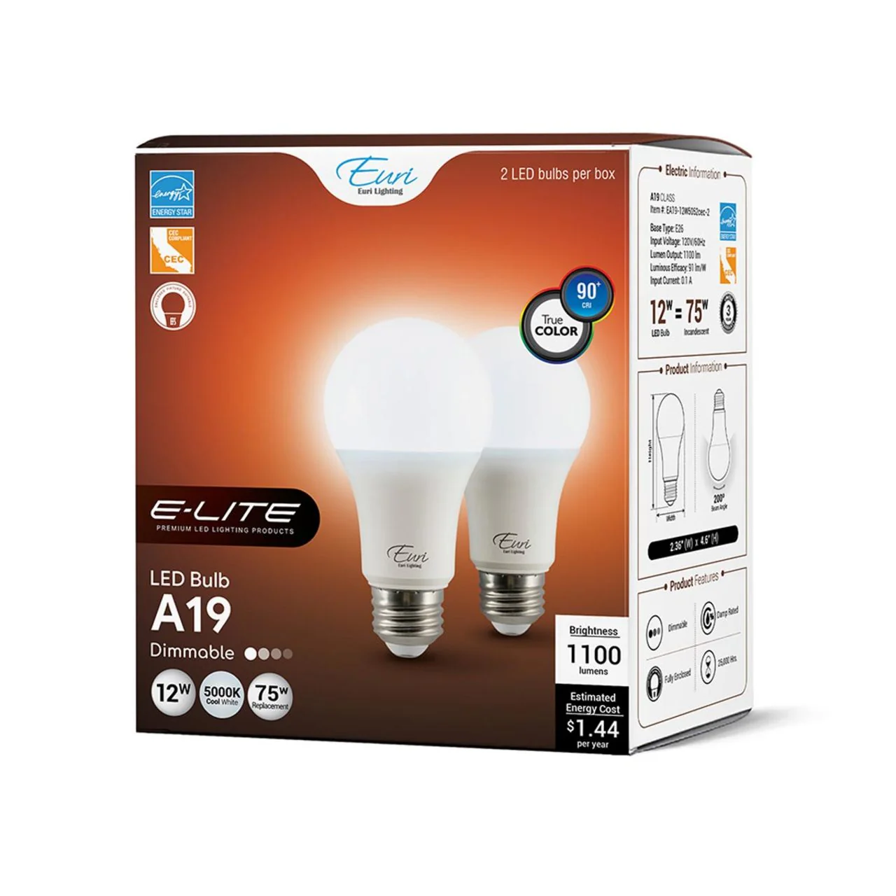 2-Pack E-Lite LED A19 Bulbs - 12W - 1100 Lumens - Euri Lighting - Image 10