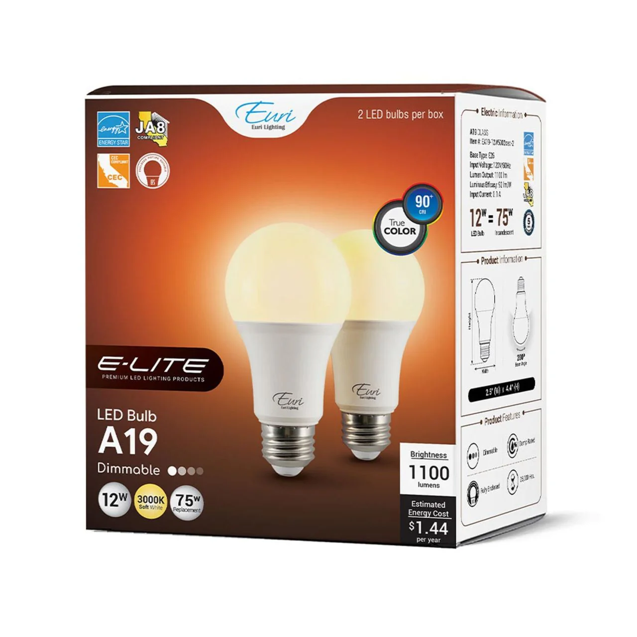 2-Pack E-Lite LED A19 Bulbs - 12W - 1100 Lumens - Euri Lighting - Image 6