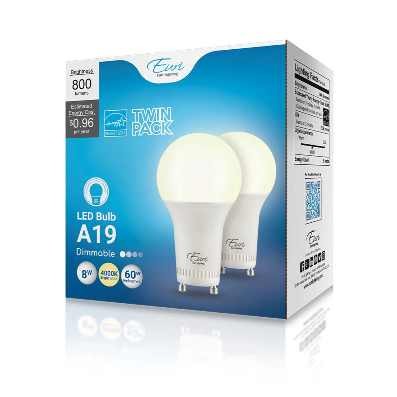 2-Pack LED A19 Bulb - 8W - 800 Lumens - GU24 Base - Euri Lighting - Image 10