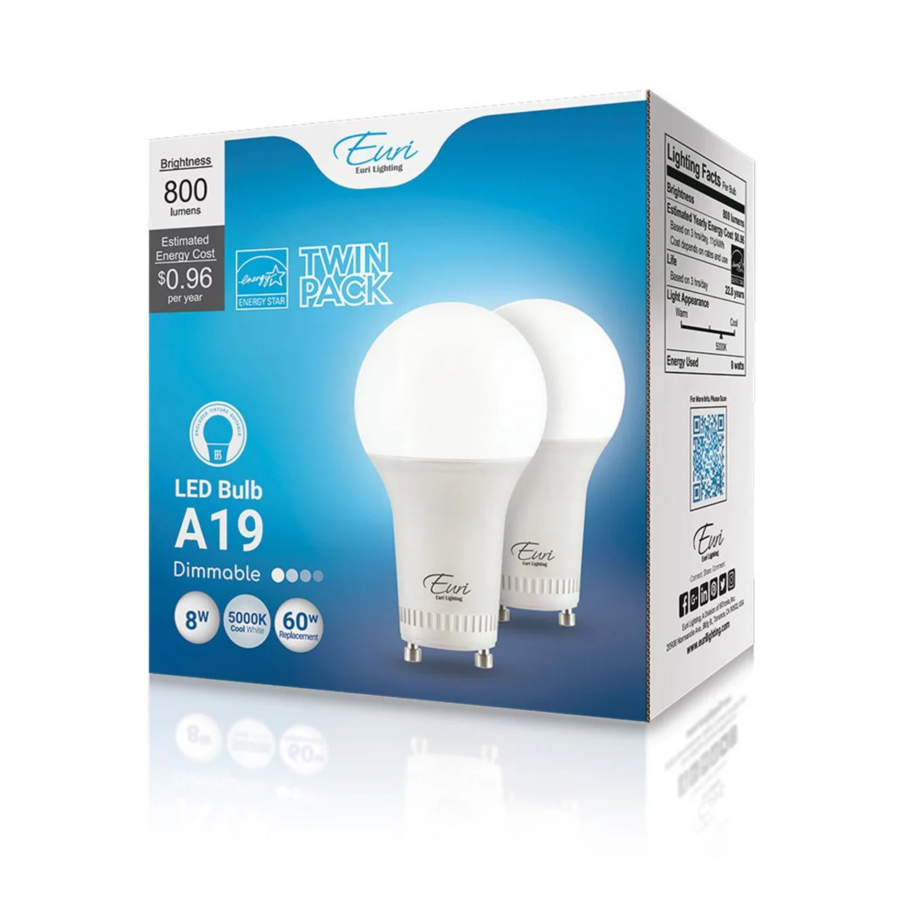 2-Pack LED A19 Bulb - 8W - 800 Lumens - GU24 Base - Euri Lighting - Image 12