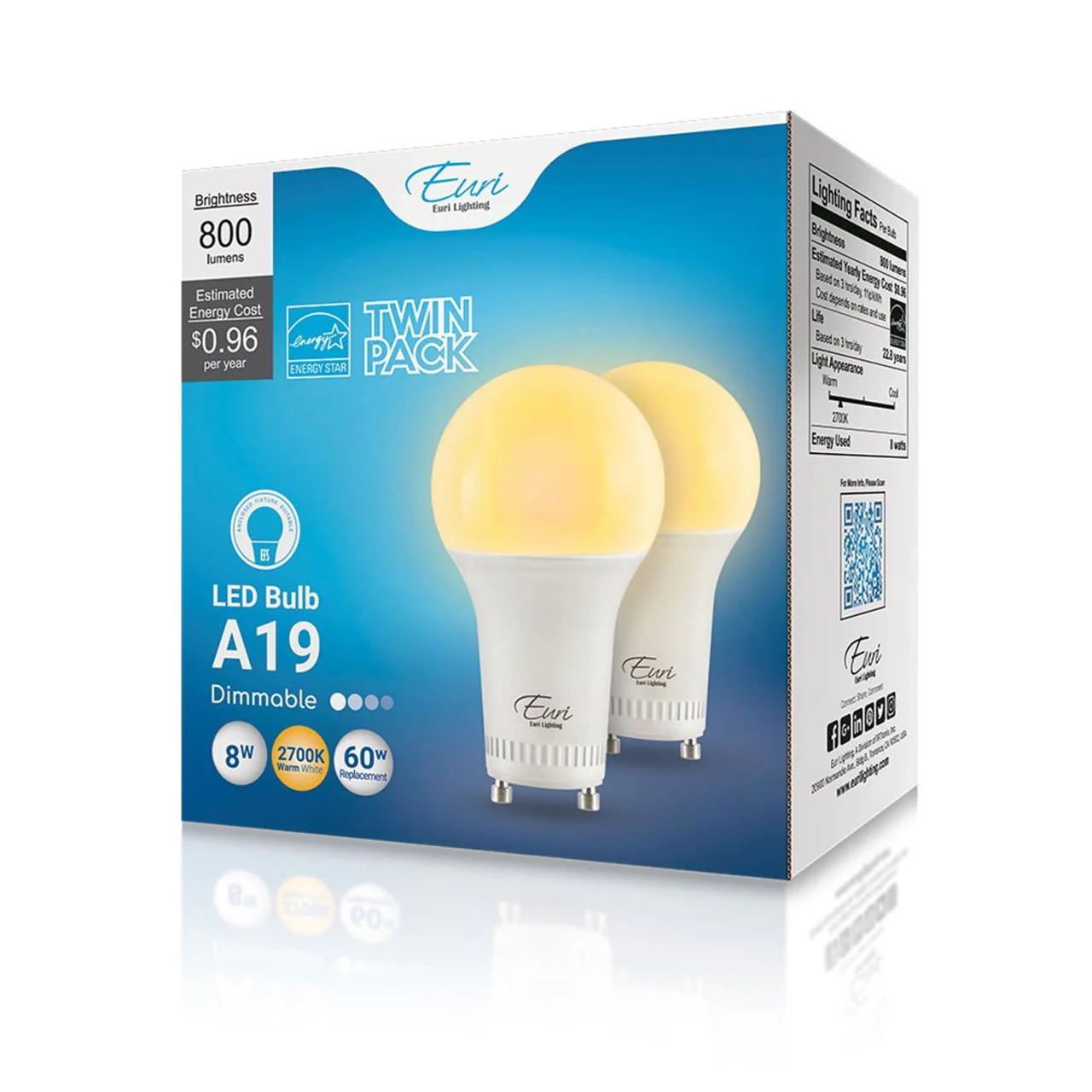 2-Pack LED A19 Bulb - 8W - 800 Lumens - GU24 Base - Euri Lighting - Image 6