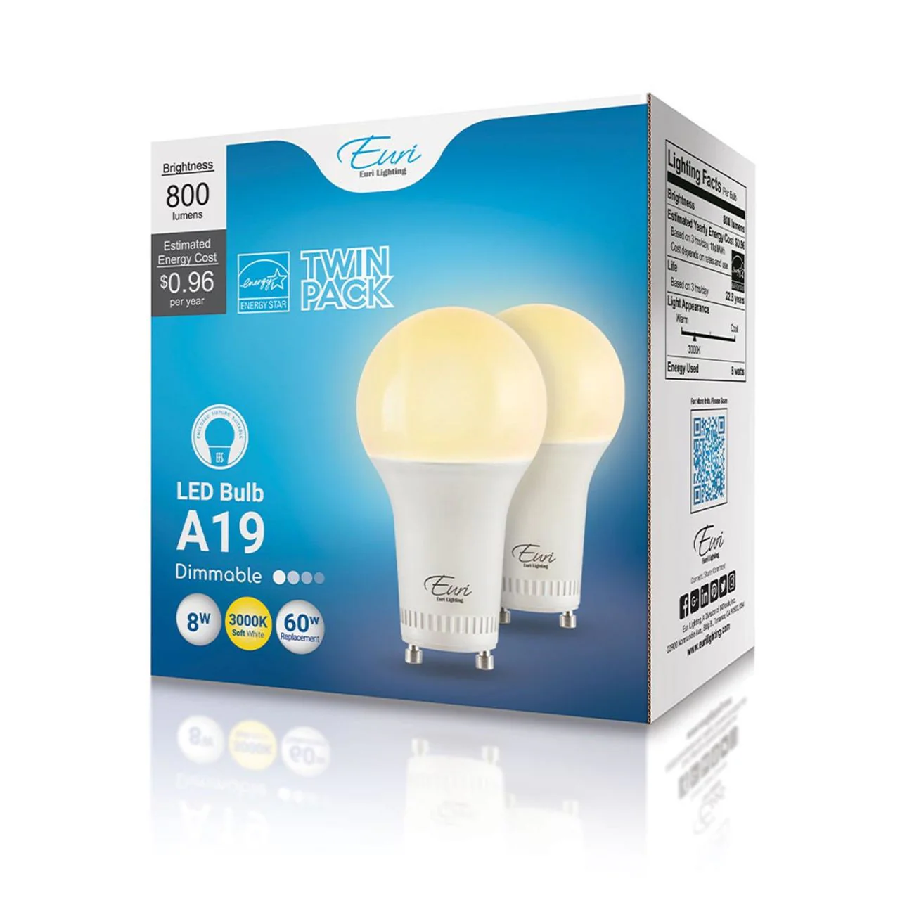 2-Pack LED A19 Bulb - 8W - 800 Lumens - GU24 Base - Euri Lighting - Image 8