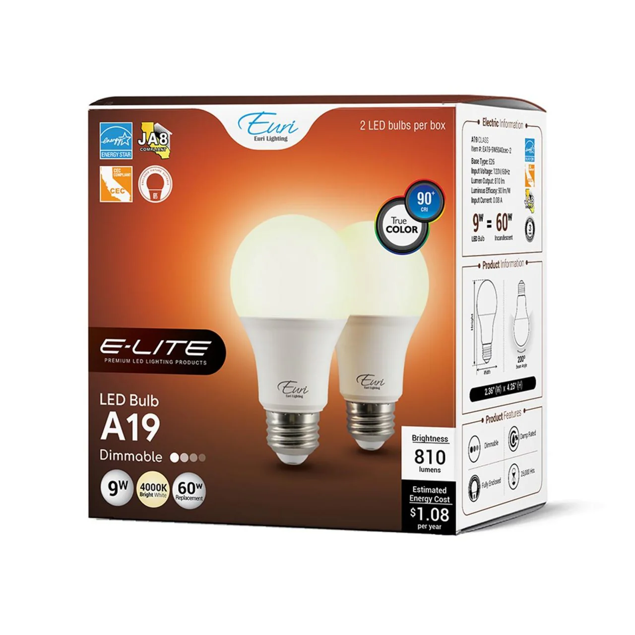 2-Pack LED A19 Bulbs - 9W - 810 Lumens - Euri Lighting - Image 6