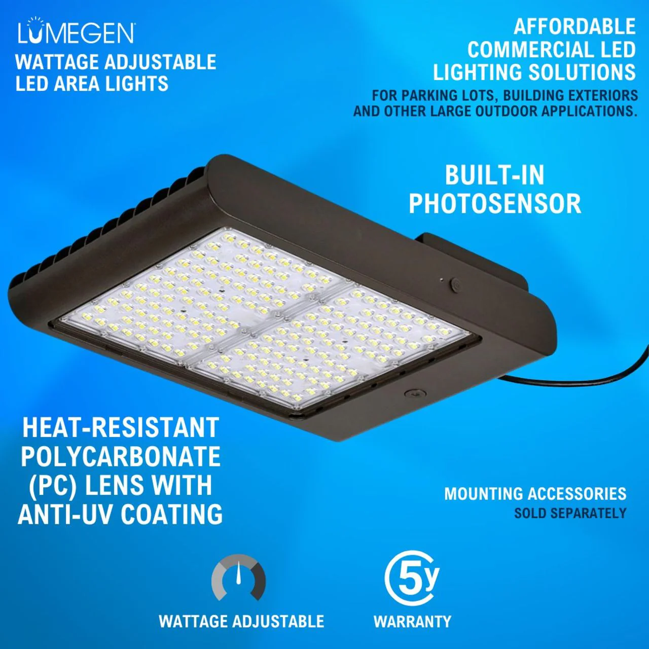 LED Wattage Adjustable Area Light w/ Built-in Photosensor - 150W/200W/240W/300W - 5000K - Image 2