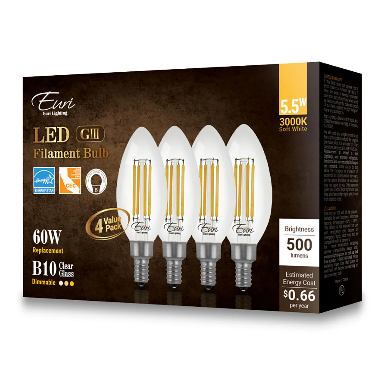 LED B10 Clear Glass Filament Bulb - 5.5 Watt -60 Watt Equiv. - 500 Lumens - Euri Lighthing - 4 Pack - Image 3