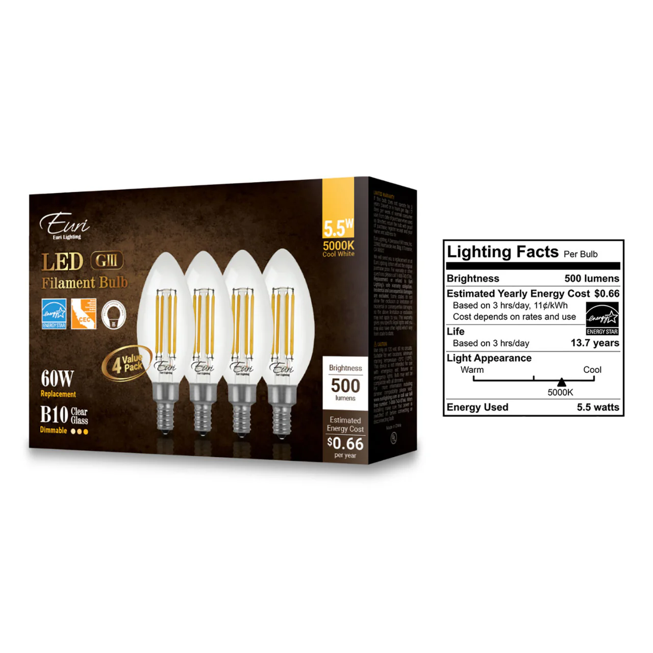 LED B10 Clear Glass Filament Bulb - 5.5 Watt -60 Watt Equiv. - 500 Lumens - Euri Lighthing - 4 Pack - Image 4
