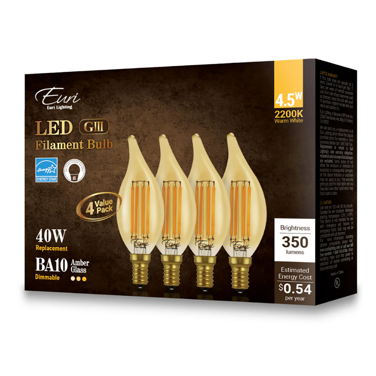 4-Pack - LED BA10 Filament - 4.5W - 350 Lumens - 2200K - Euri Lighting - Image 4