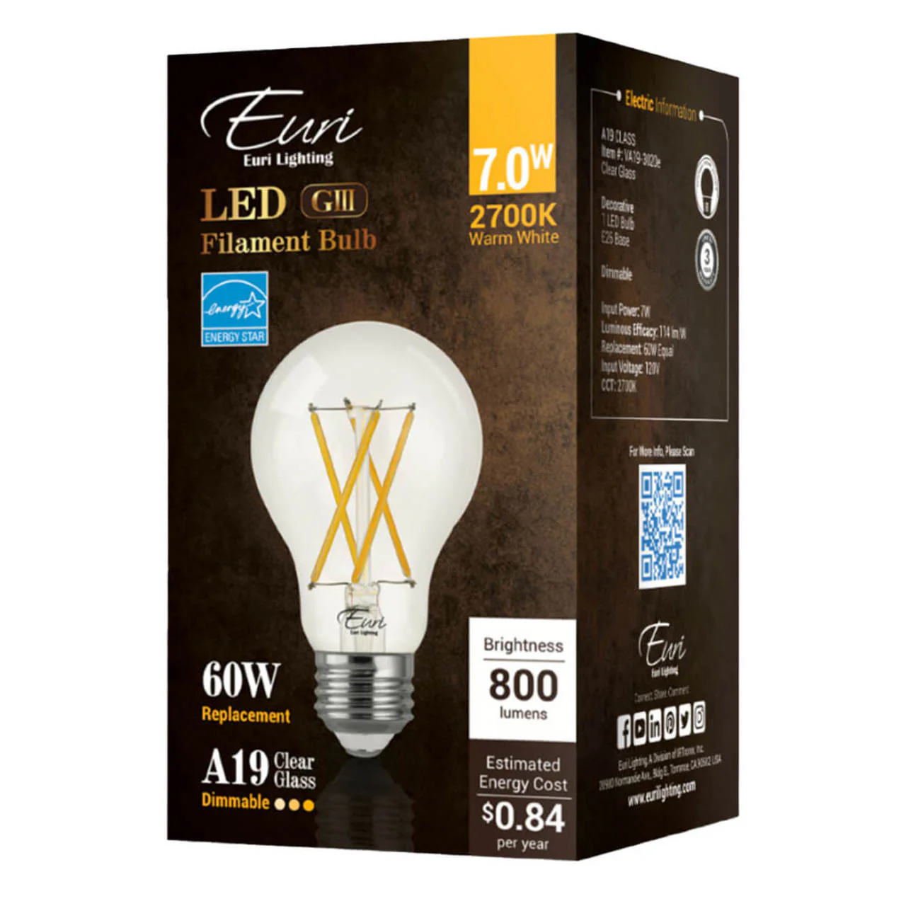 LED Dimmable A19 Clear Glass Filament Bulb - 7W - 800 Lumens - Euri Lighting - Image 5