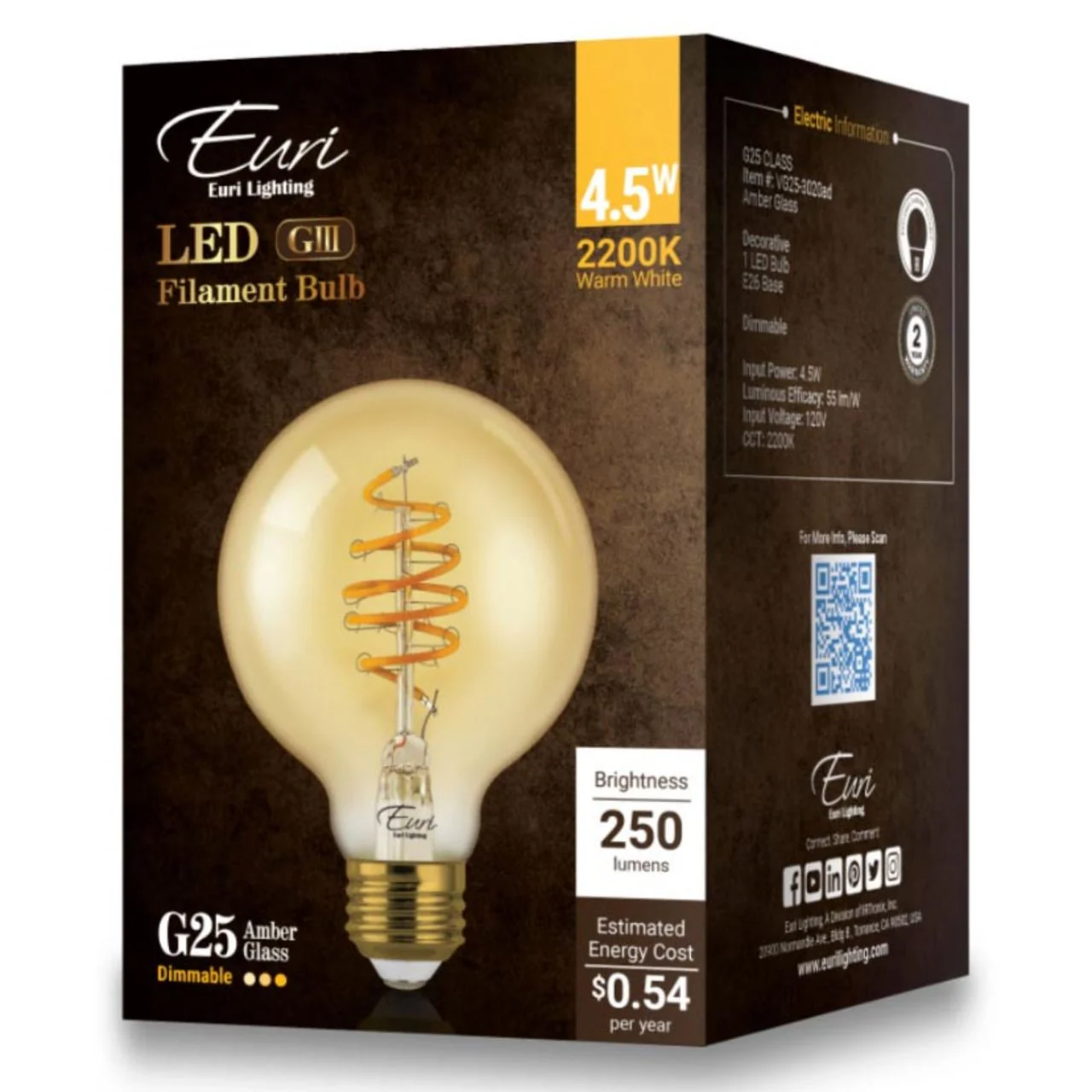 LED G25 Filament Bulb - 4.5W - 250 Lumens - 2200K - Amber Glass - Euri Lighting - Image 5